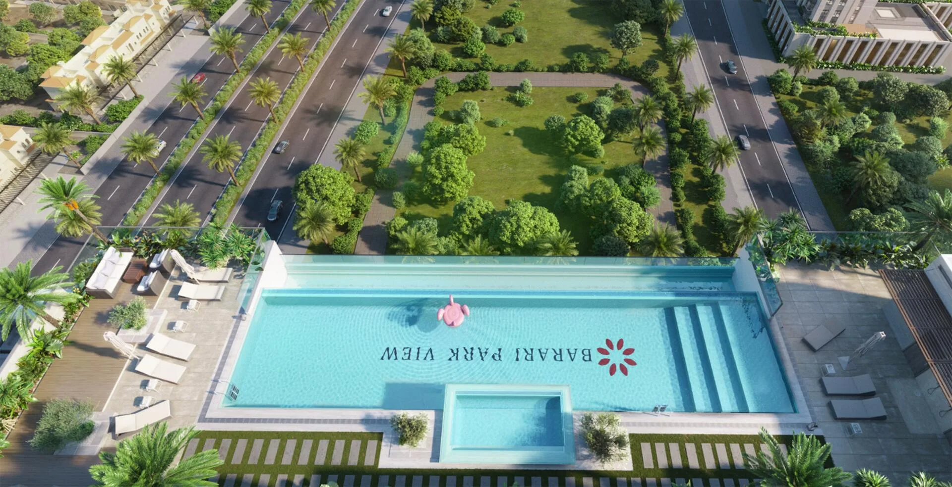 Бассейн Barari Parkview сверху, внизу зелёный сквер между дорогами