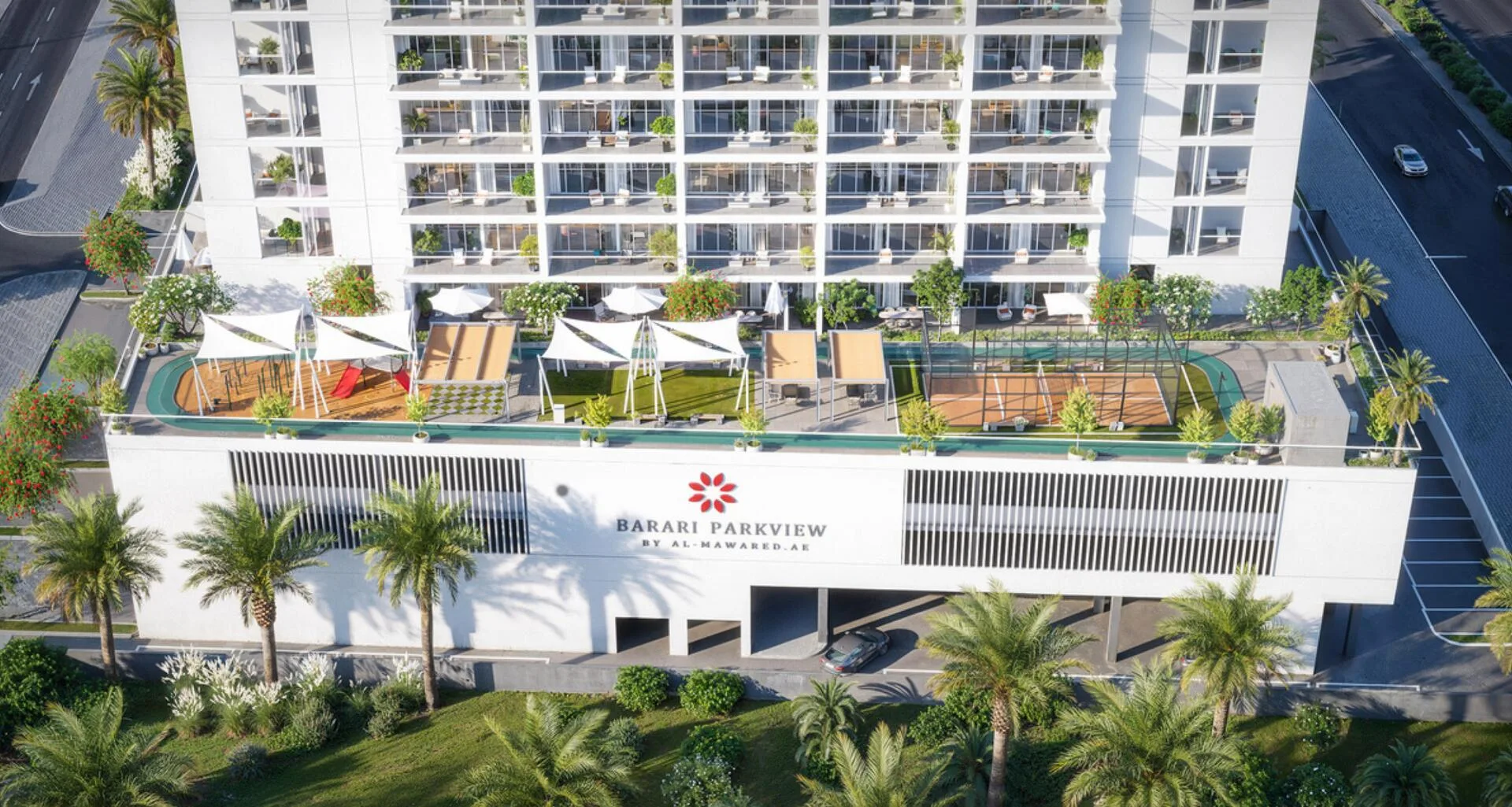 Открытая площадка первого этажа Barari Parkview сверху: тенты, корты и газоны у основания башни
