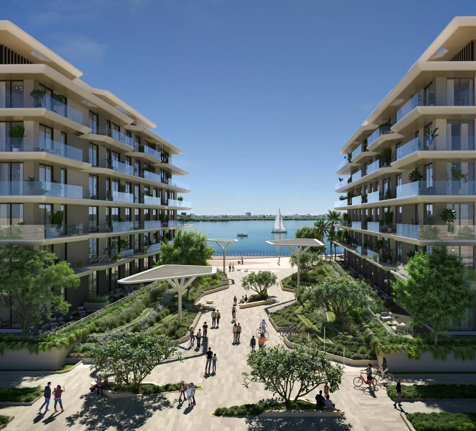 Аллея между корпусами Bashayer Residences выходит к воде