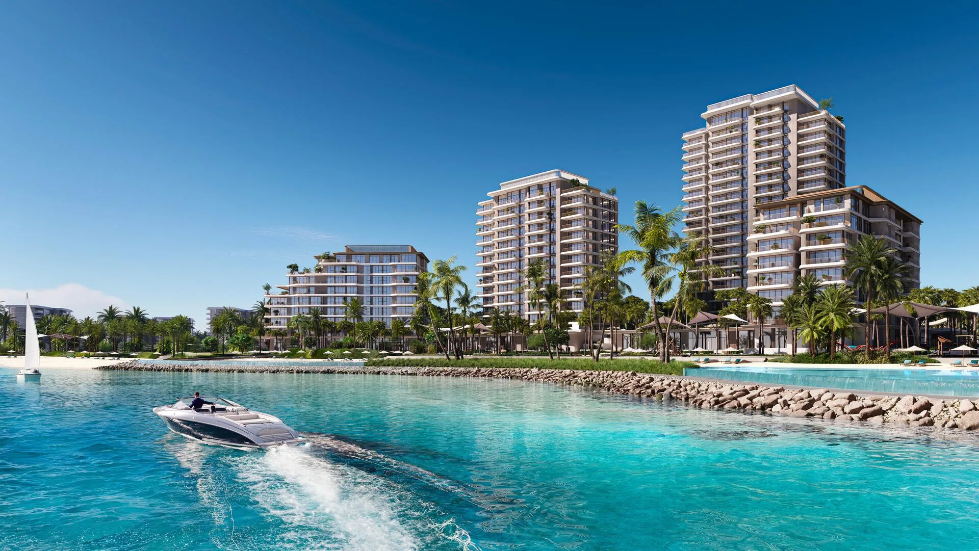 Дома Bay Grove Residences с моря, катер у волнореза