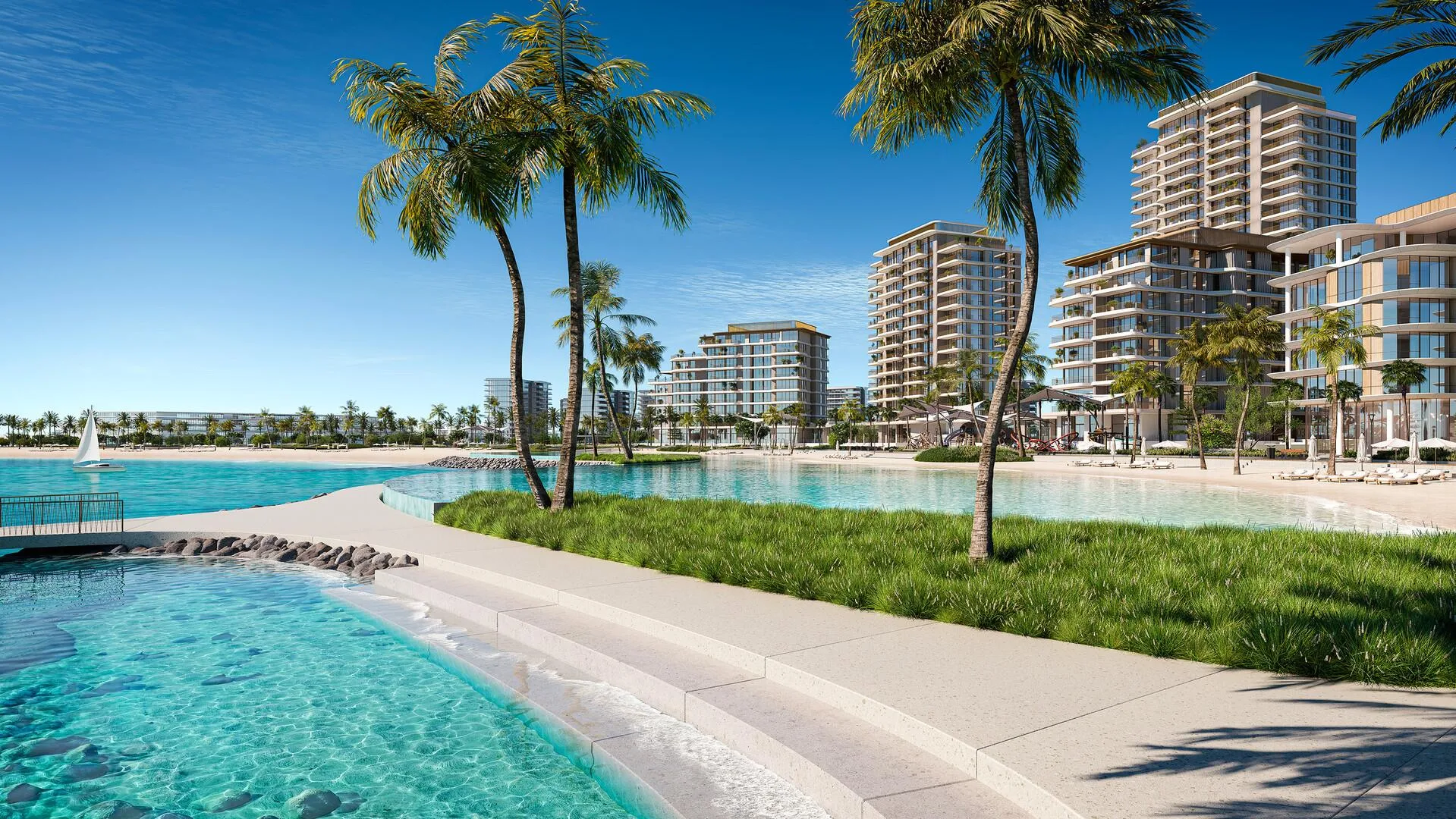 Дорожка вдоль воды и газон у домов Bay Grove Residences