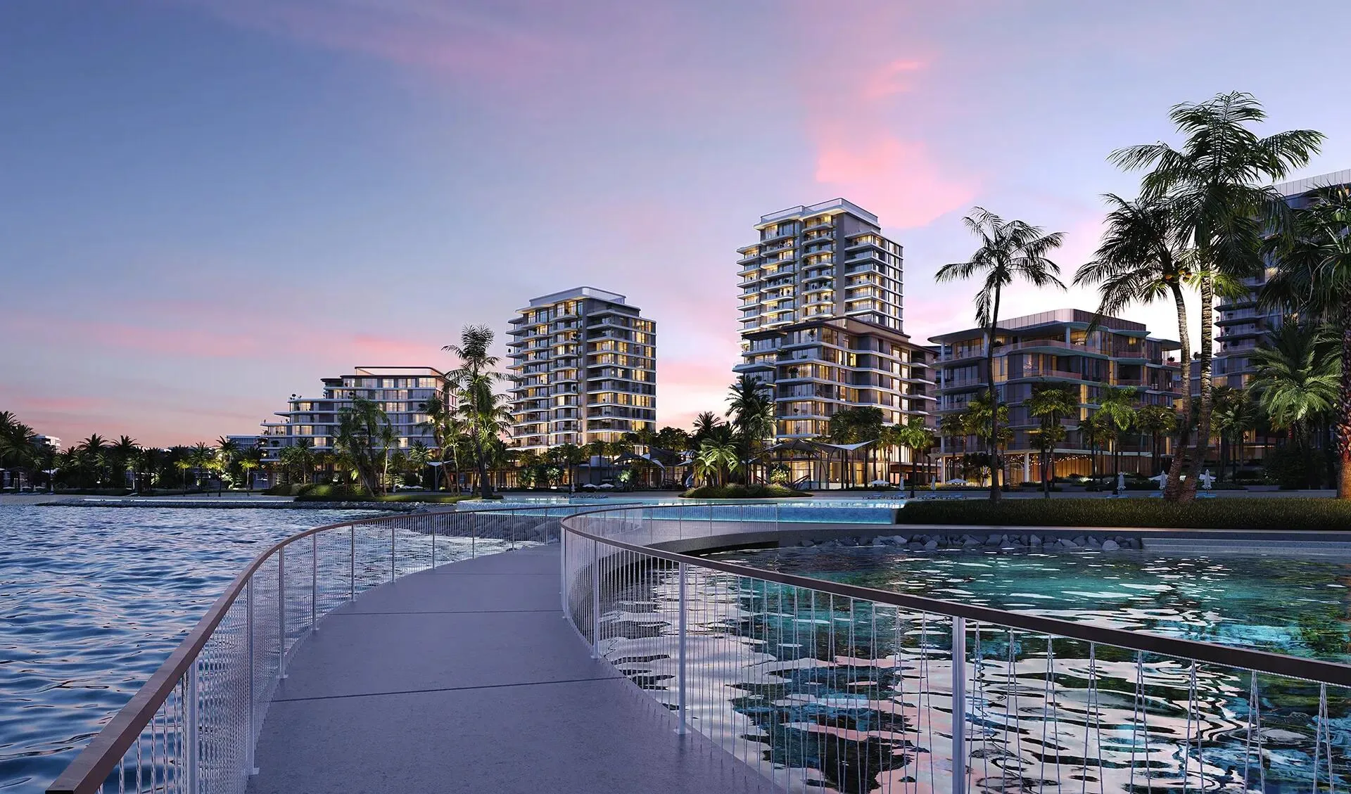 Мостки над водой и дома Bay Grove Residences вечером