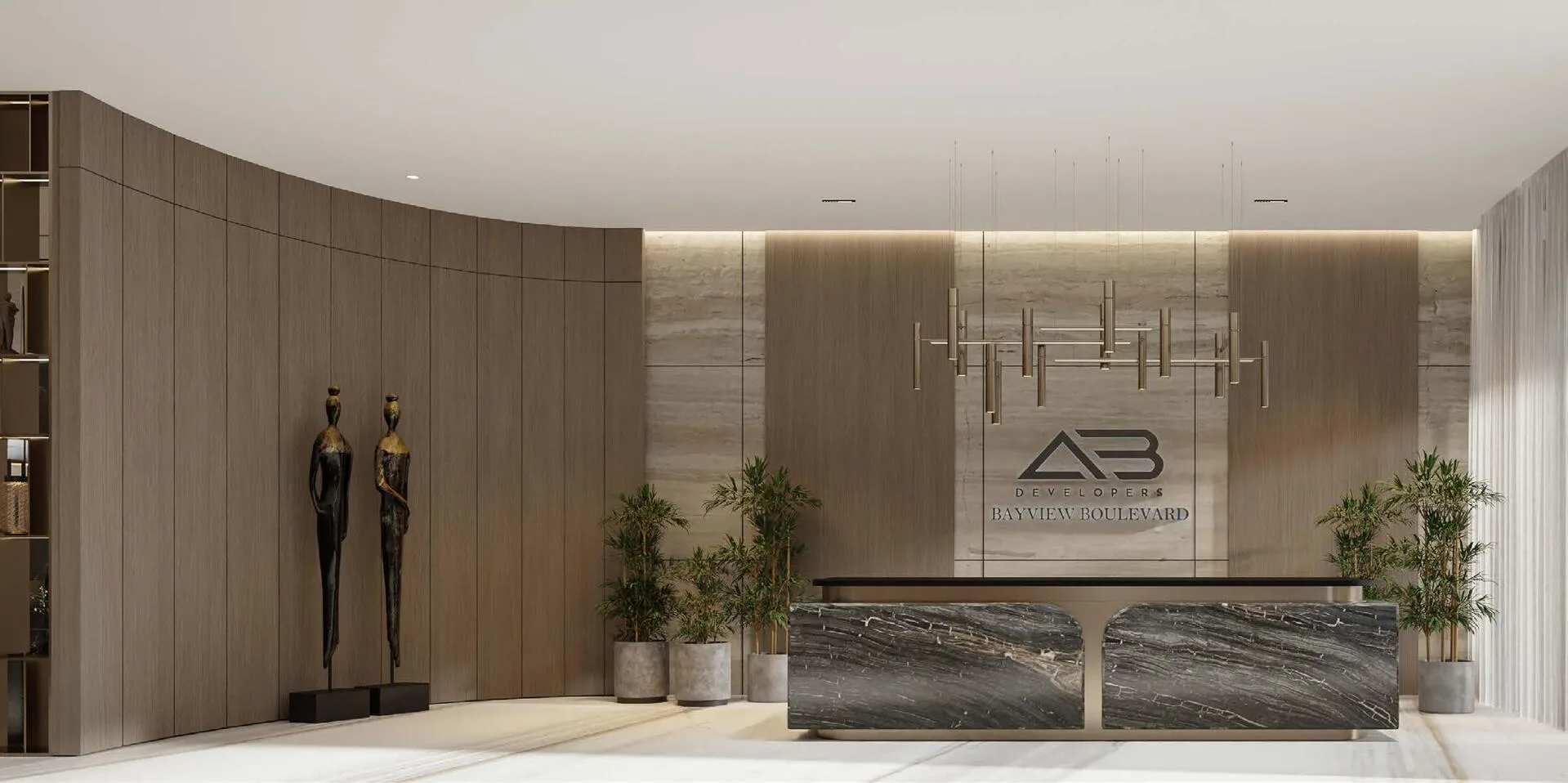 Лобби Bayview Boulevard: стойка из тёмного камня, древесные панели и знак AB Developers