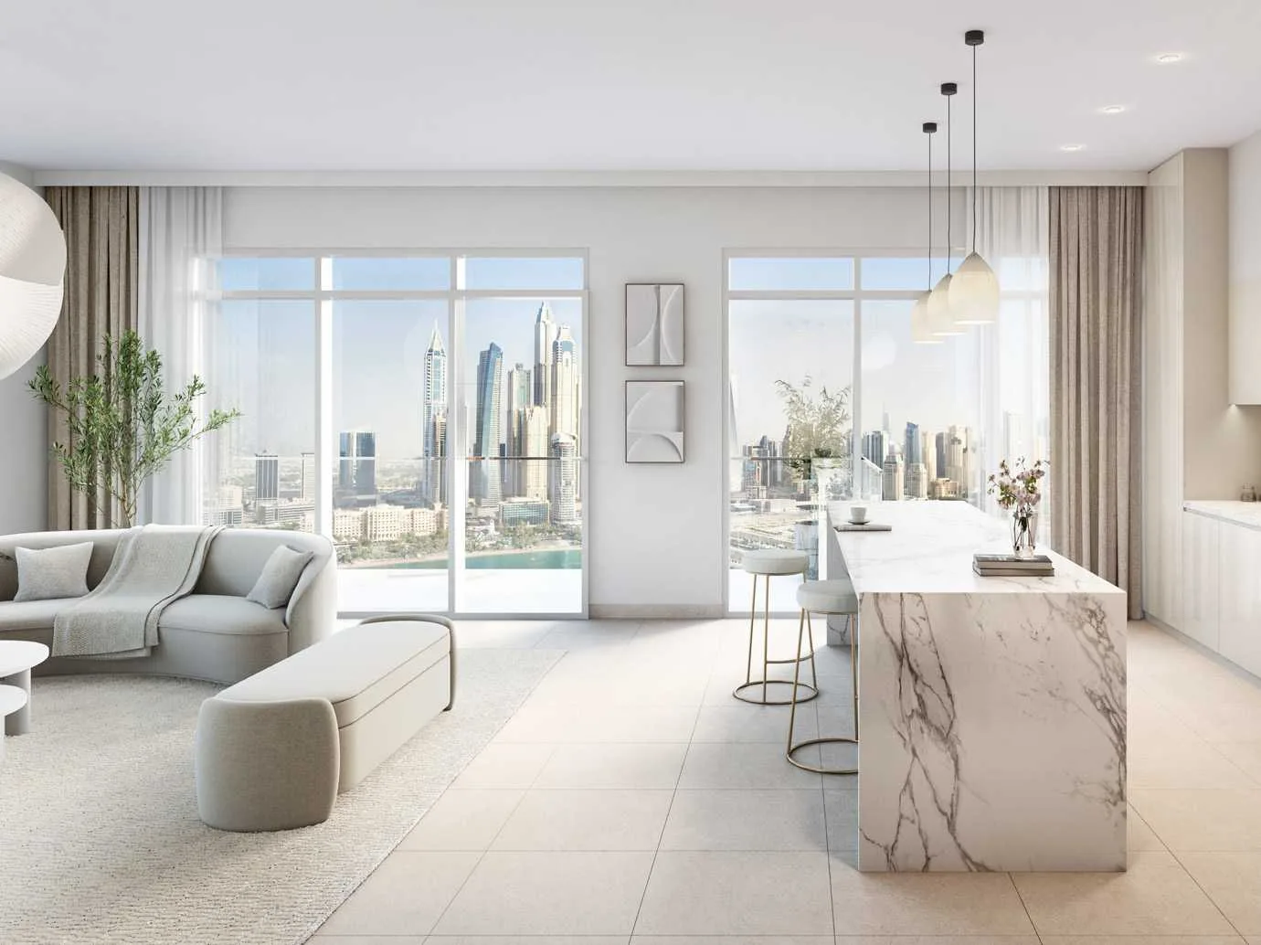 Кухня-гостиная в Beach Mansion: кухонный остров и окна на Dubai Marina