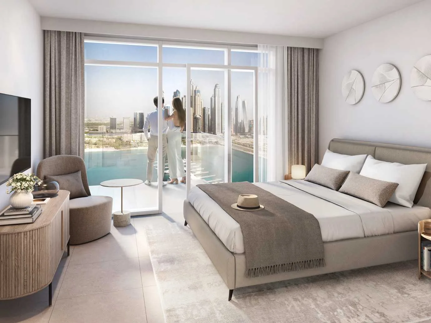 Спальня в Beach Mansion с выходом на балкон и видом на Dubai Marina