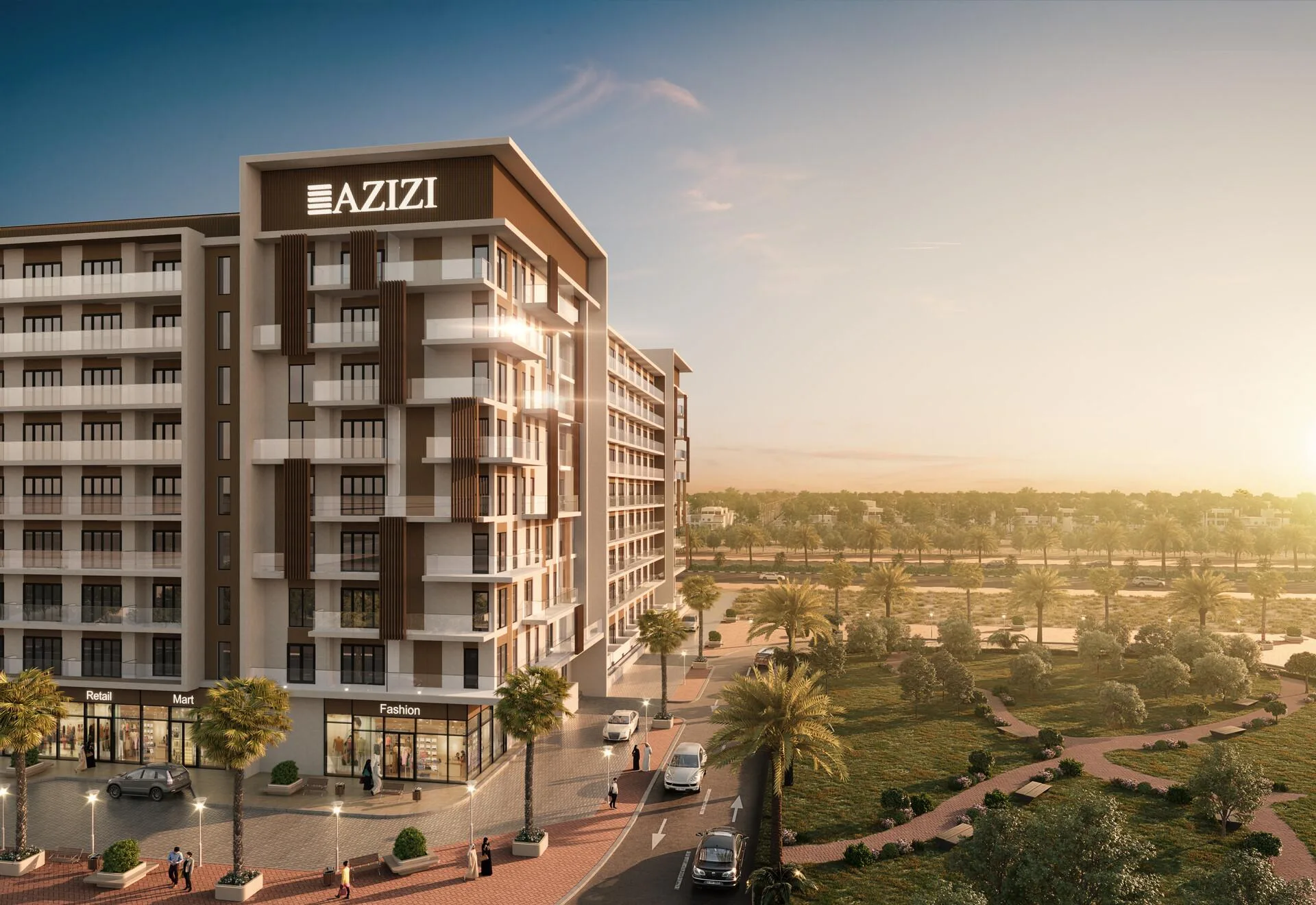 Корпус Beach Oasis 2 на закате, внизу магазины