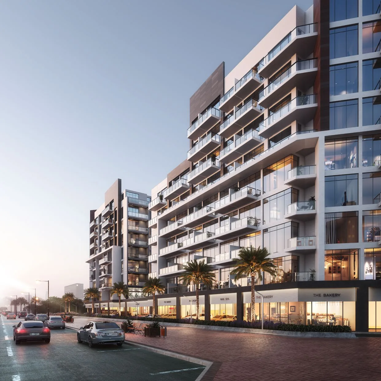 Улица вдоль Beach Oasis: балконы, пальмы и витрины