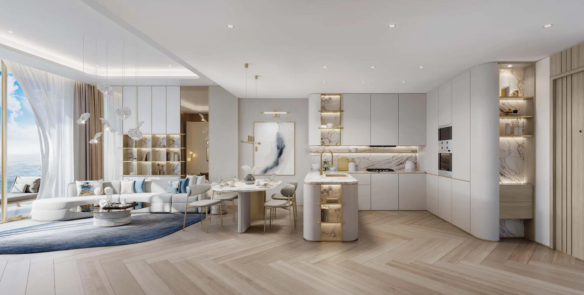 Кухня со столовой и гостиная в квартире Beach Walk Residence 3