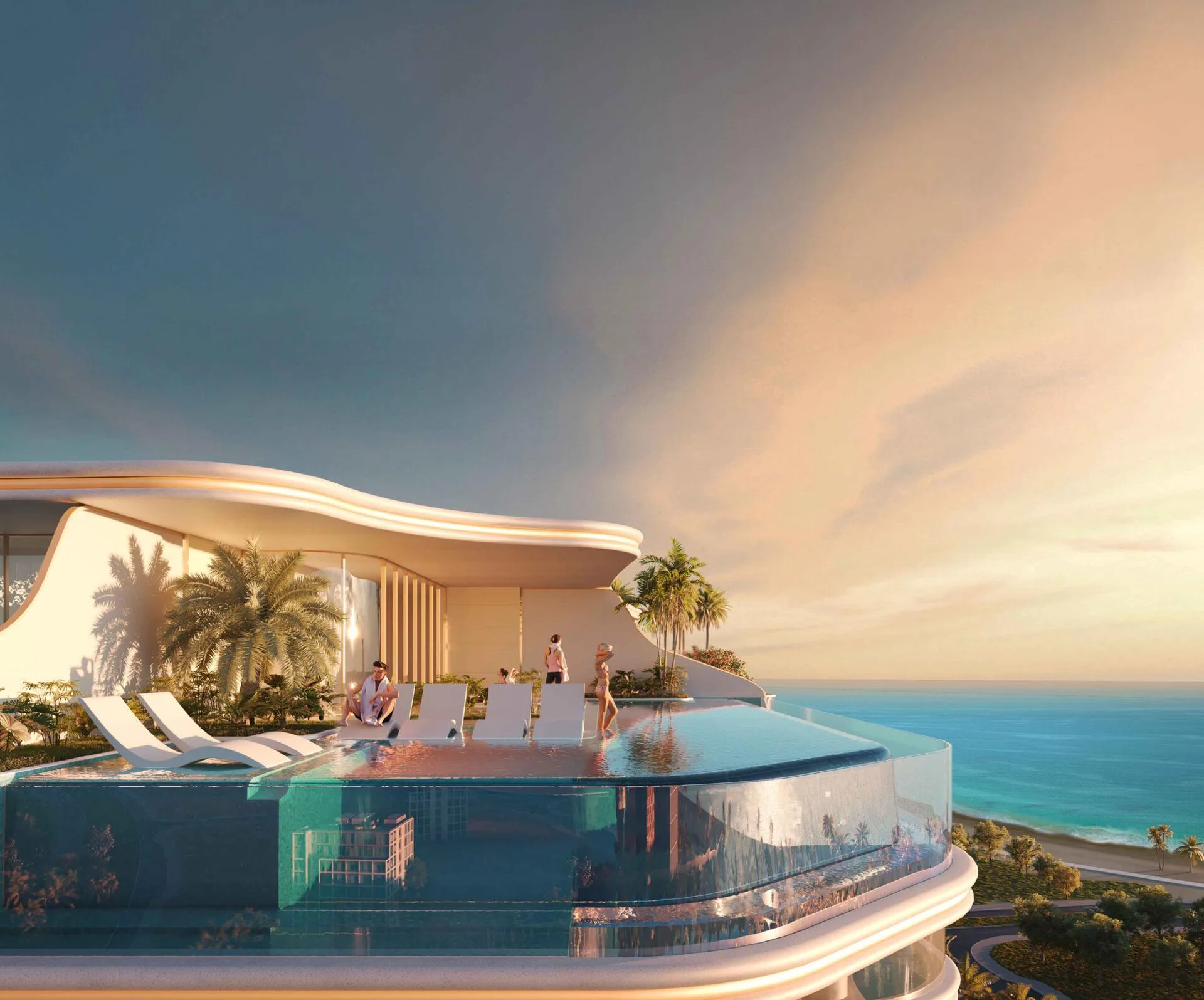 Бассейн-инфинити Beach Walk Grand 2 на закате с видом на море