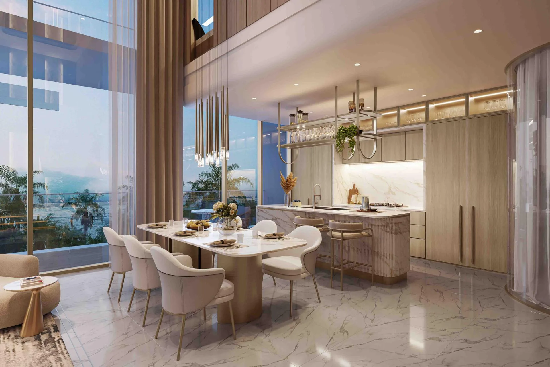 Столовая и кухня дуплекса Beach Walk Grand 2 с окнами на пальмы
