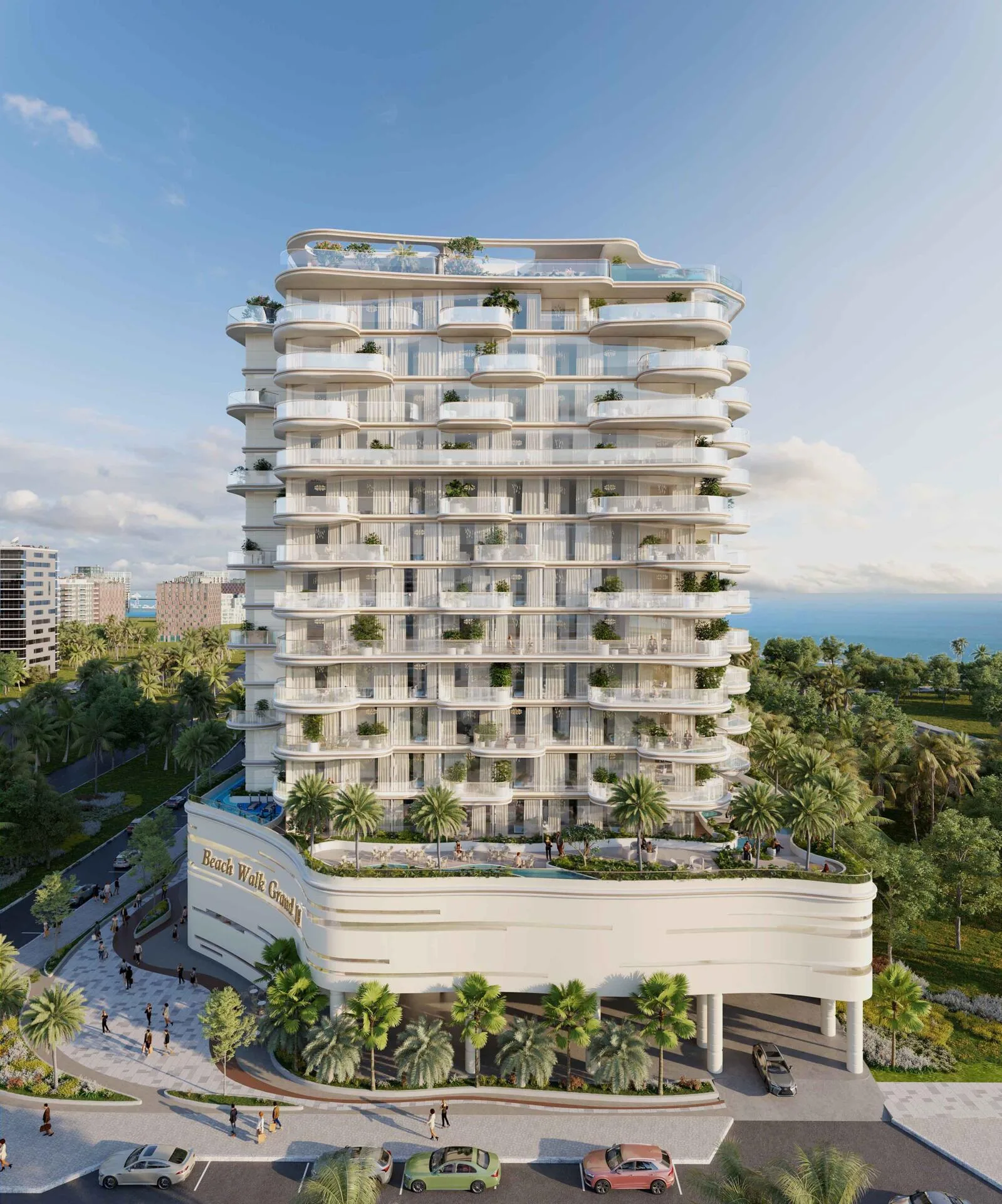 Beach Walk Grand 2 с улицы: башня над подиумом с названием дома