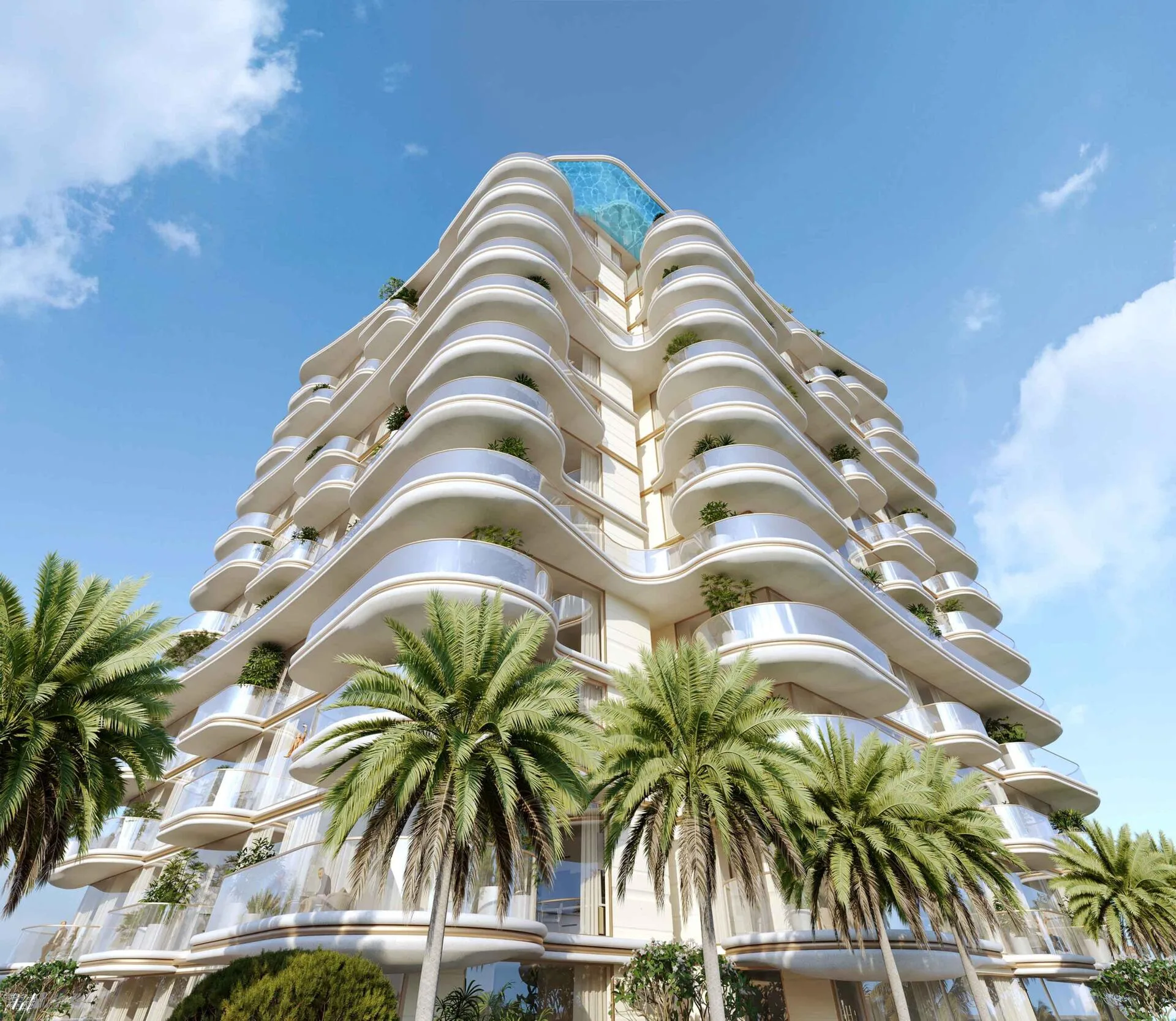 Фасад Beach Walk Grand 2 снизу: изогнутые балконы и пальмы