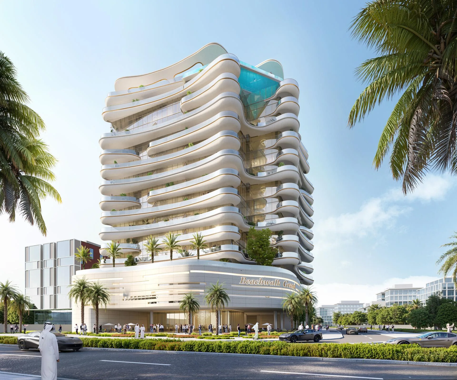 Beach Walk Grand с улицы: волнистые балконы над подиумом и пальмы