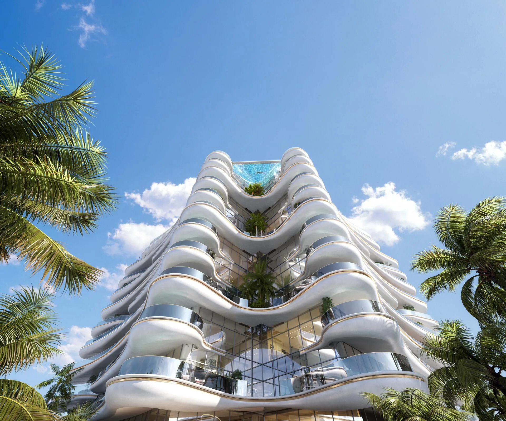 Фасад Beach Walk Grand снизу: волнистые балконы и бассейн на крыше