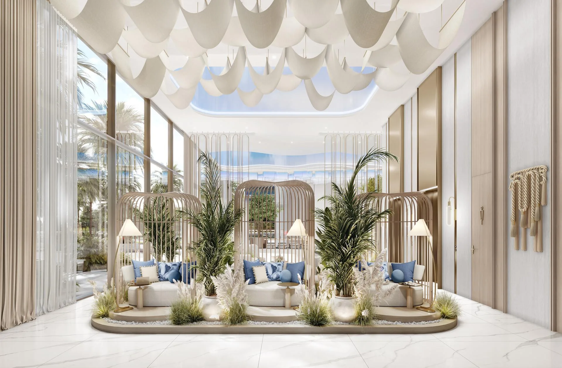 Лобби Beach Walk Grand: диваны среди растений и золотистых реек
