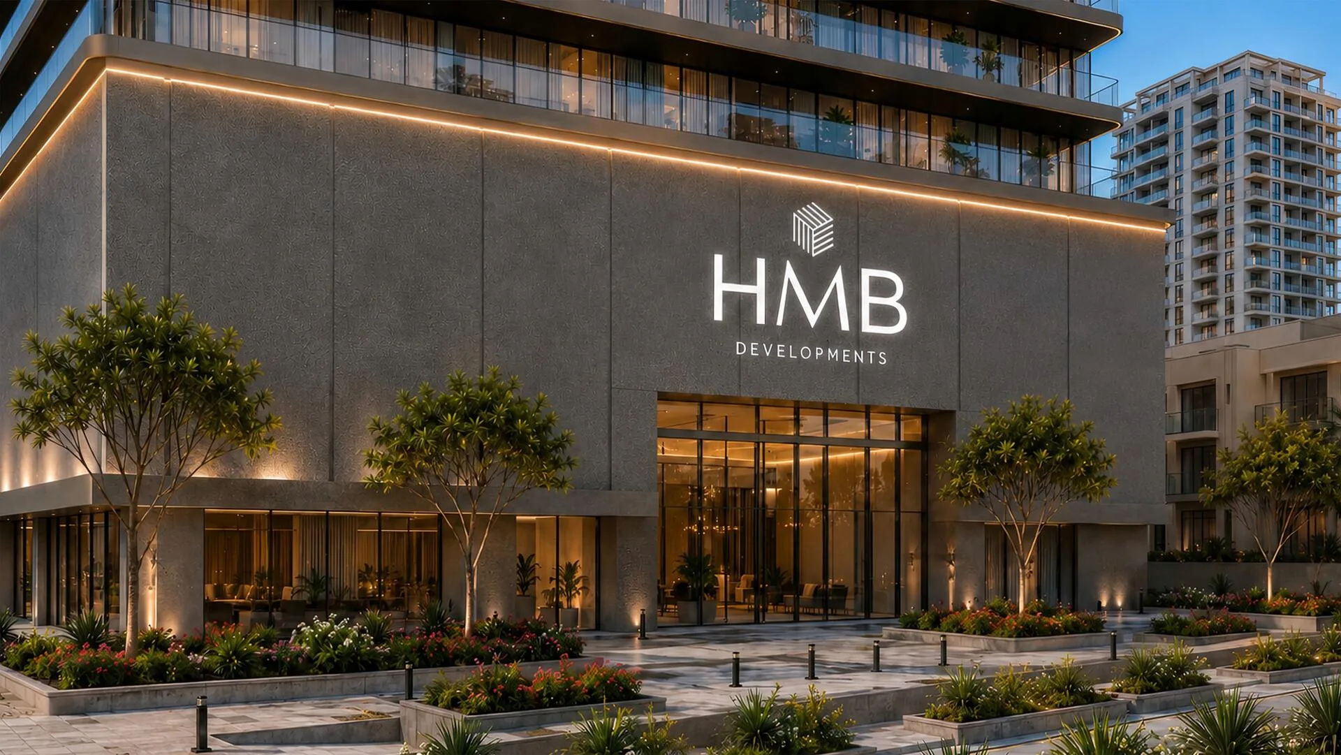 Вход в Beverly Crown со знаком HMB Developments