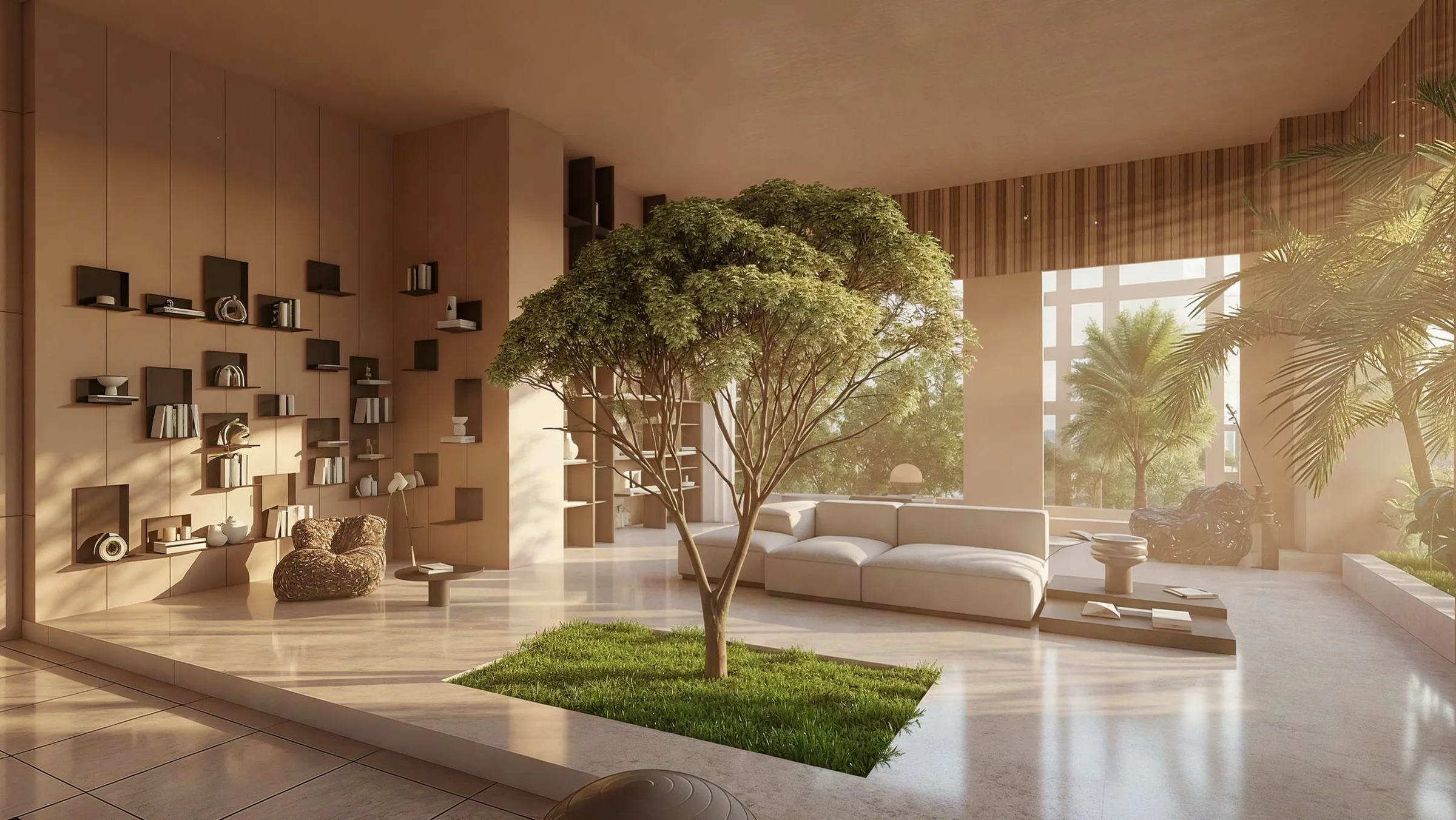 Zen Garden: дерево на газоне посреди лаунжа с книжными полками