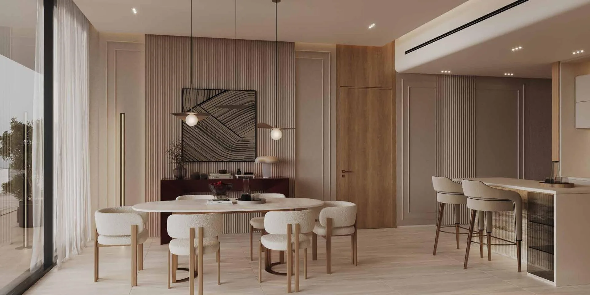 Столовая и кухня с барной стойкой в квартире Binghatti Amberhall