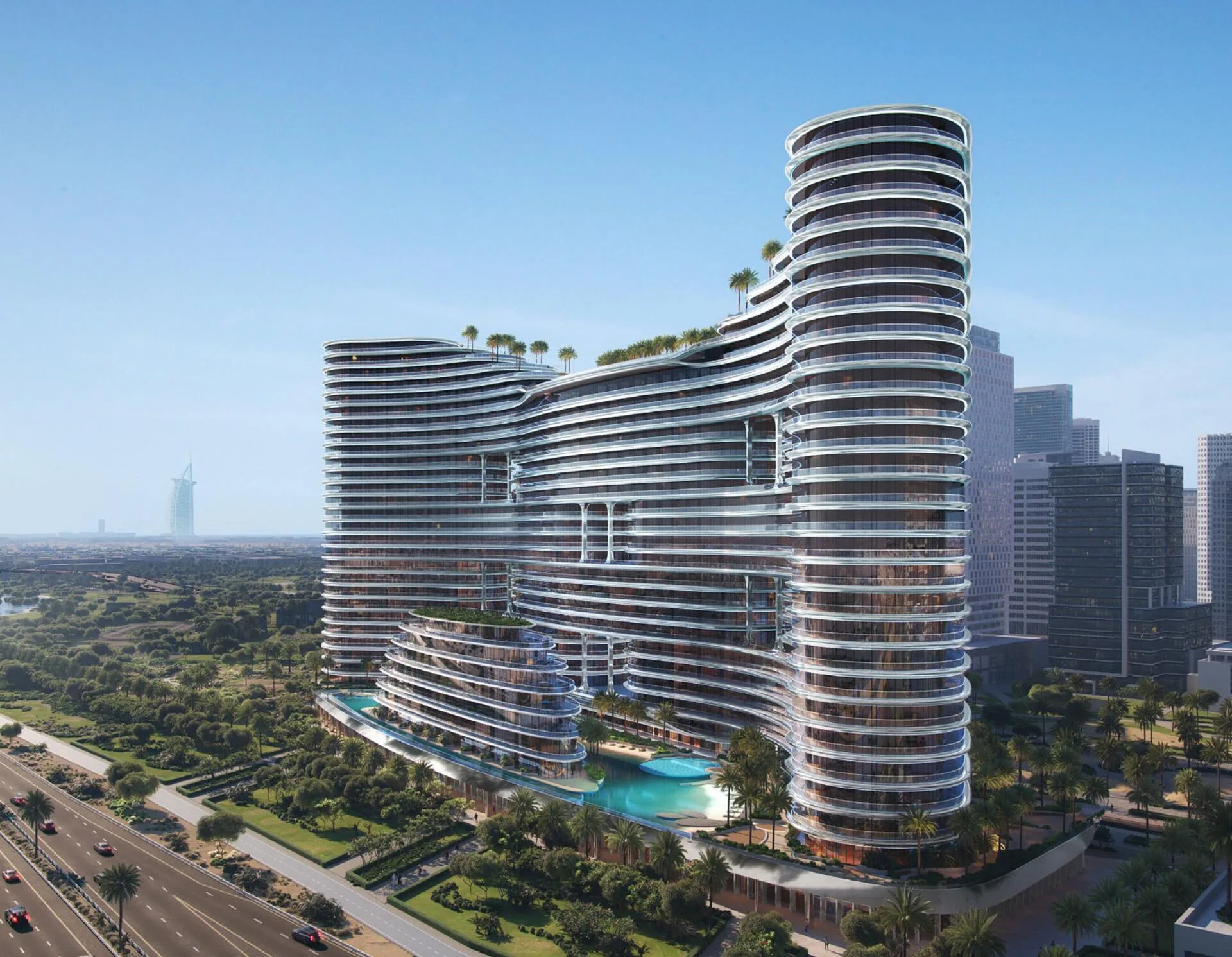 Binghatti Aquarise днём среди деловых башен Business Bay