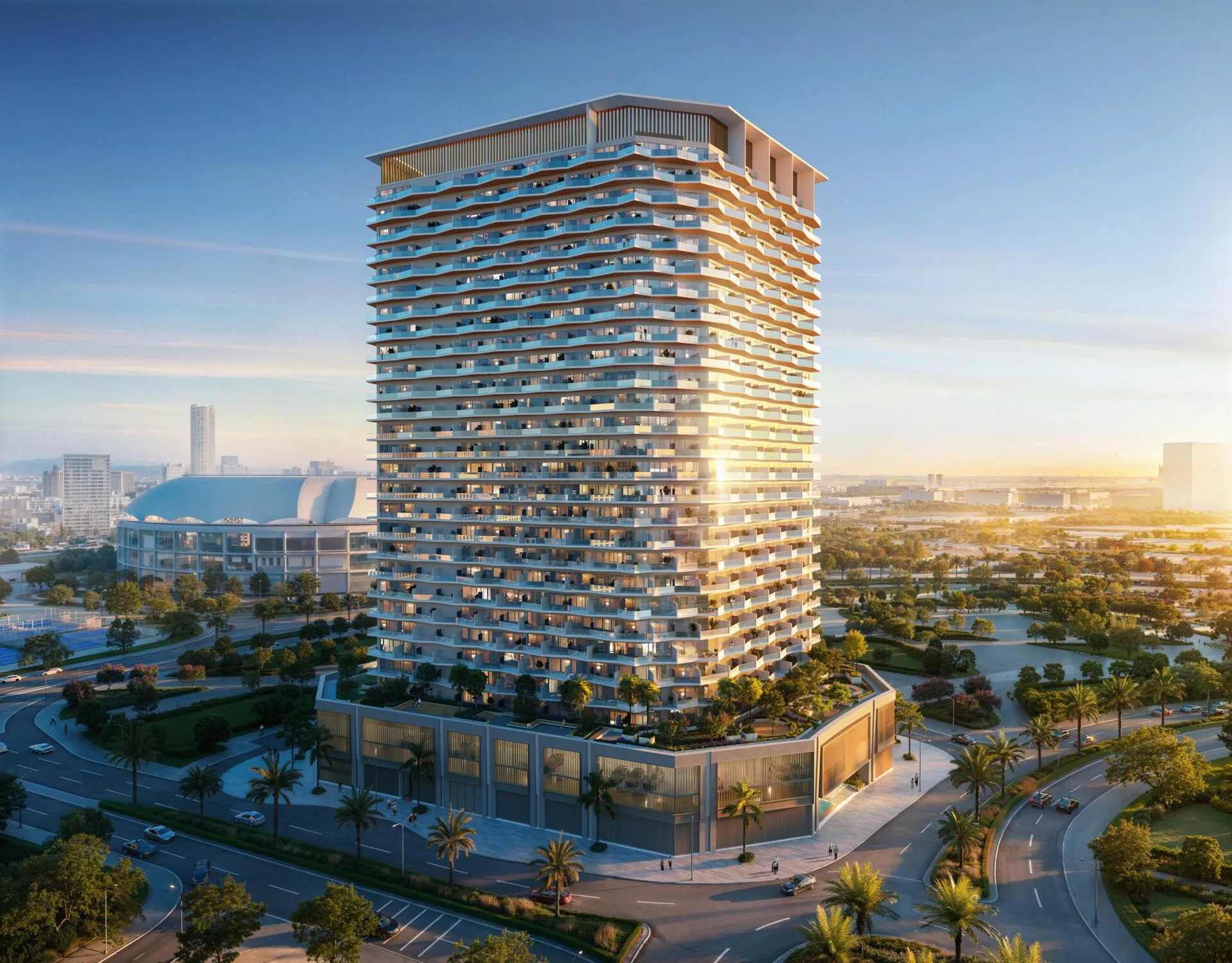 Binghatti Haven на рассвете среди кварталов Dubai Sports City