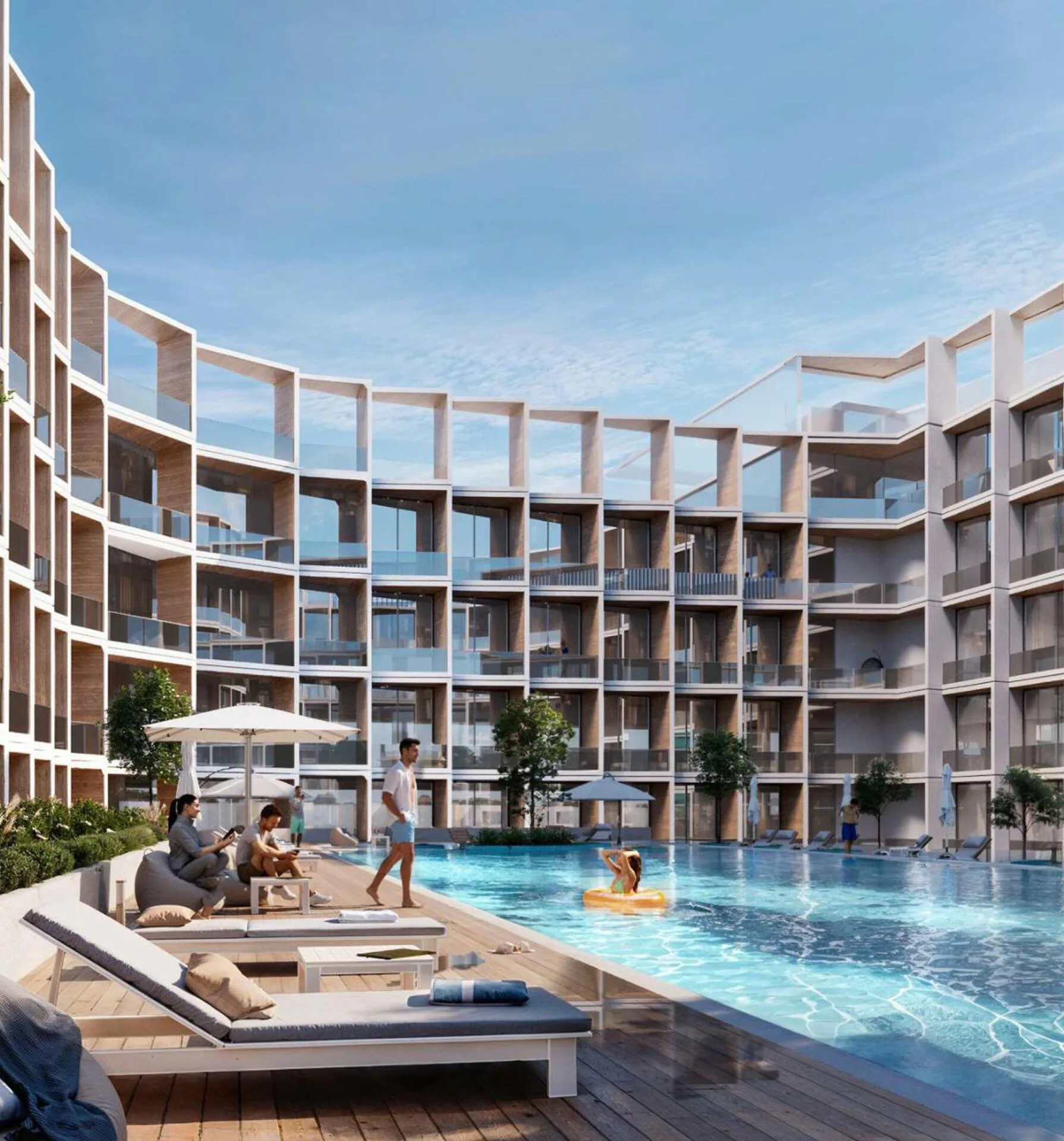 Бассейн Binghatti Hillcrest с шезлонгами и изогнутым фасадом