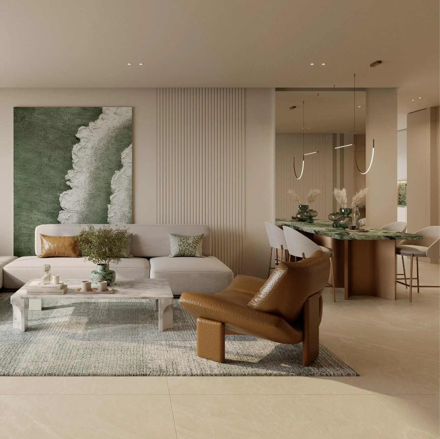 Гостиная и обеденная стойка в квартире Binghatti Hillcrest