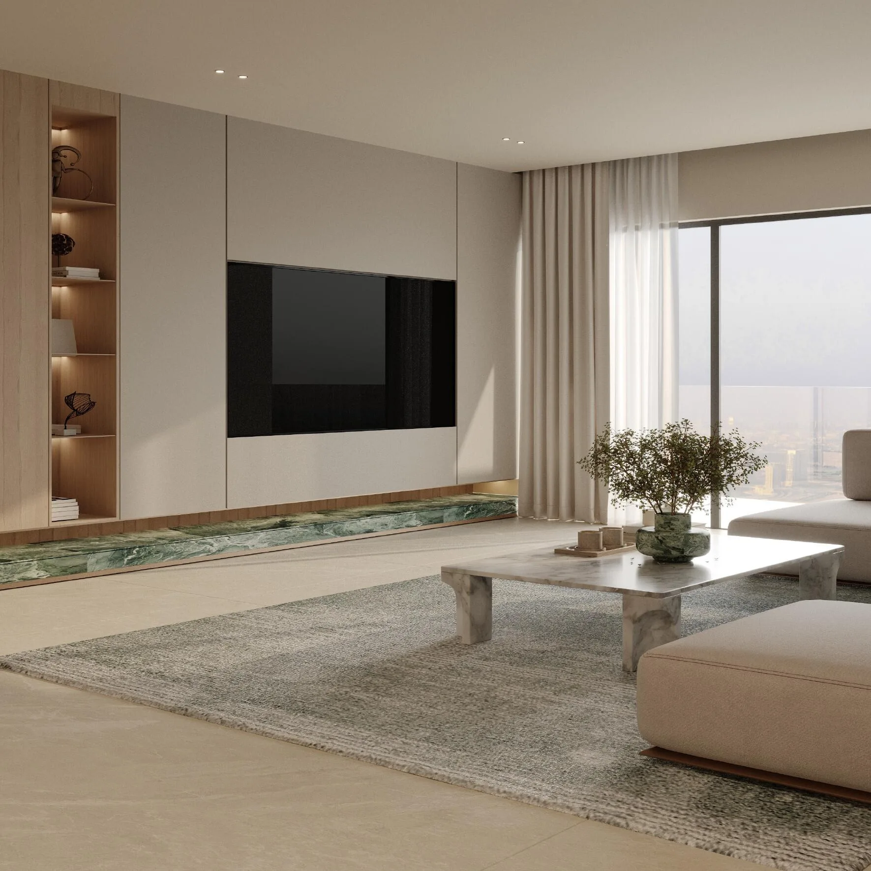 Гостиная с телевизионной стеной и окном в квартире Binghatti Hillcrest