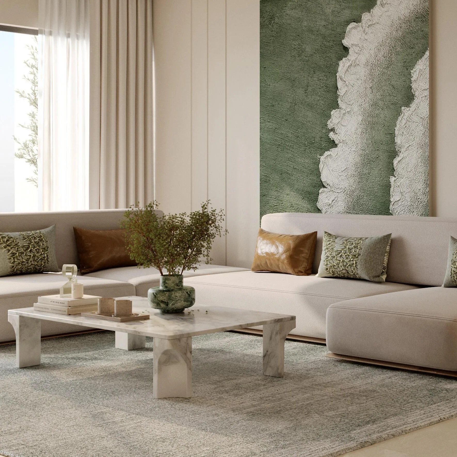 Гостиная в квартире Binghatti Hillcrest: диван и мраморный столик