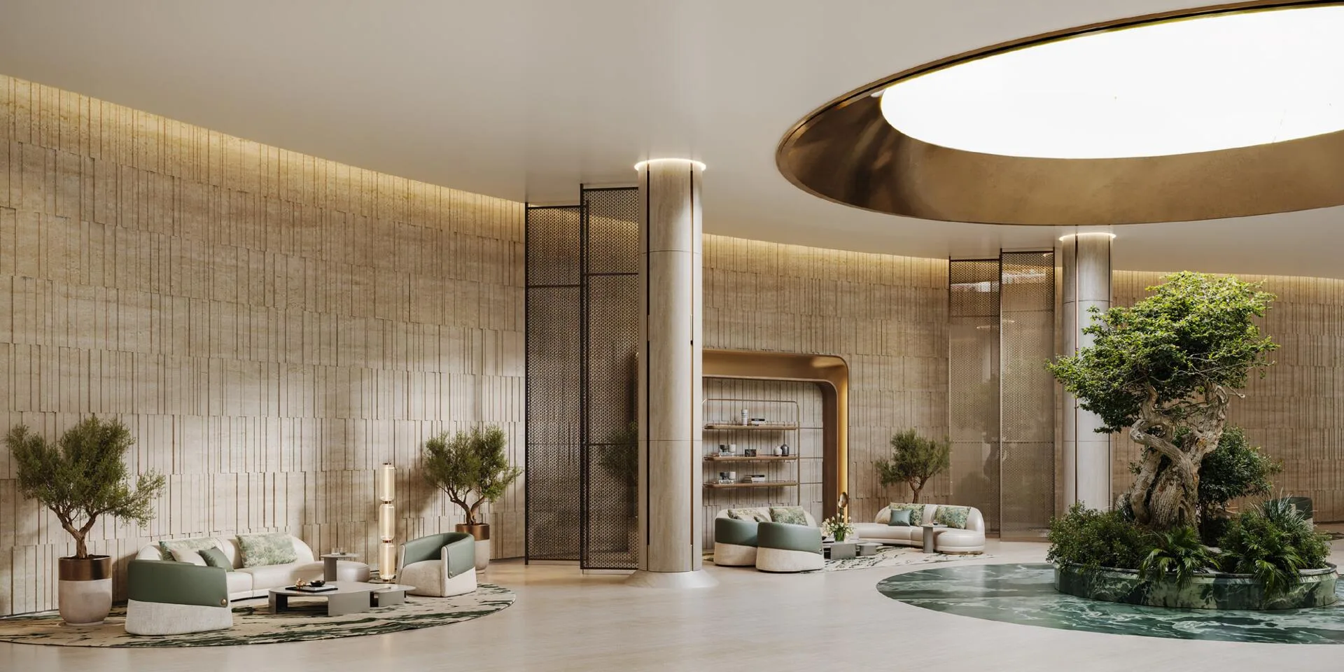 Лобби Binghatti Hillcrest с круглым световым проёмом в потолке