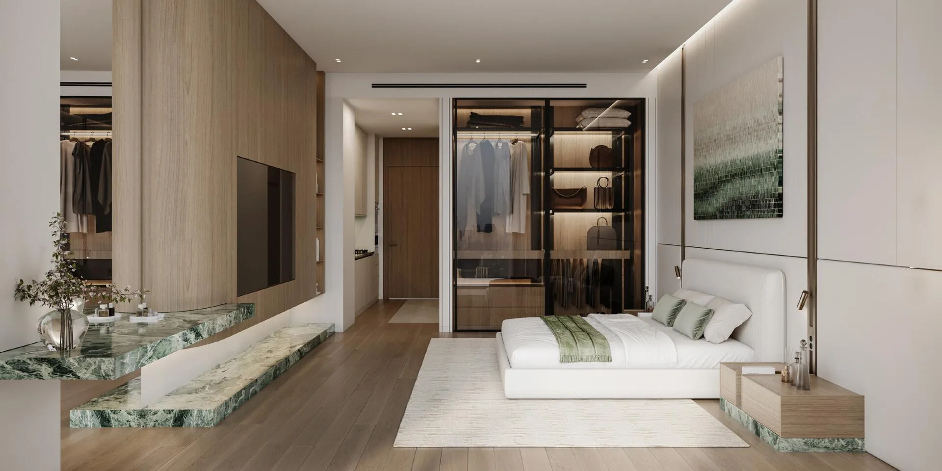 Студия в Binghatti Hillcrest: кровать, гардероб за стеклом и телевизор