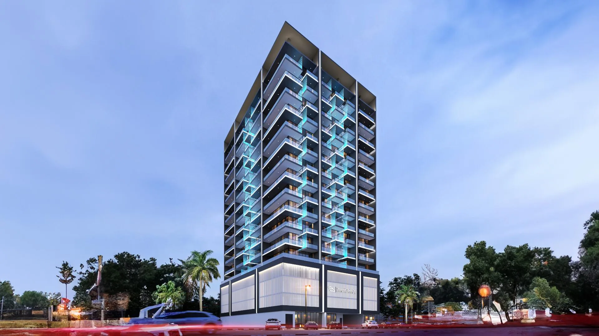 Башня Binghatti Lavender в Jumeirah Village Circle на закате