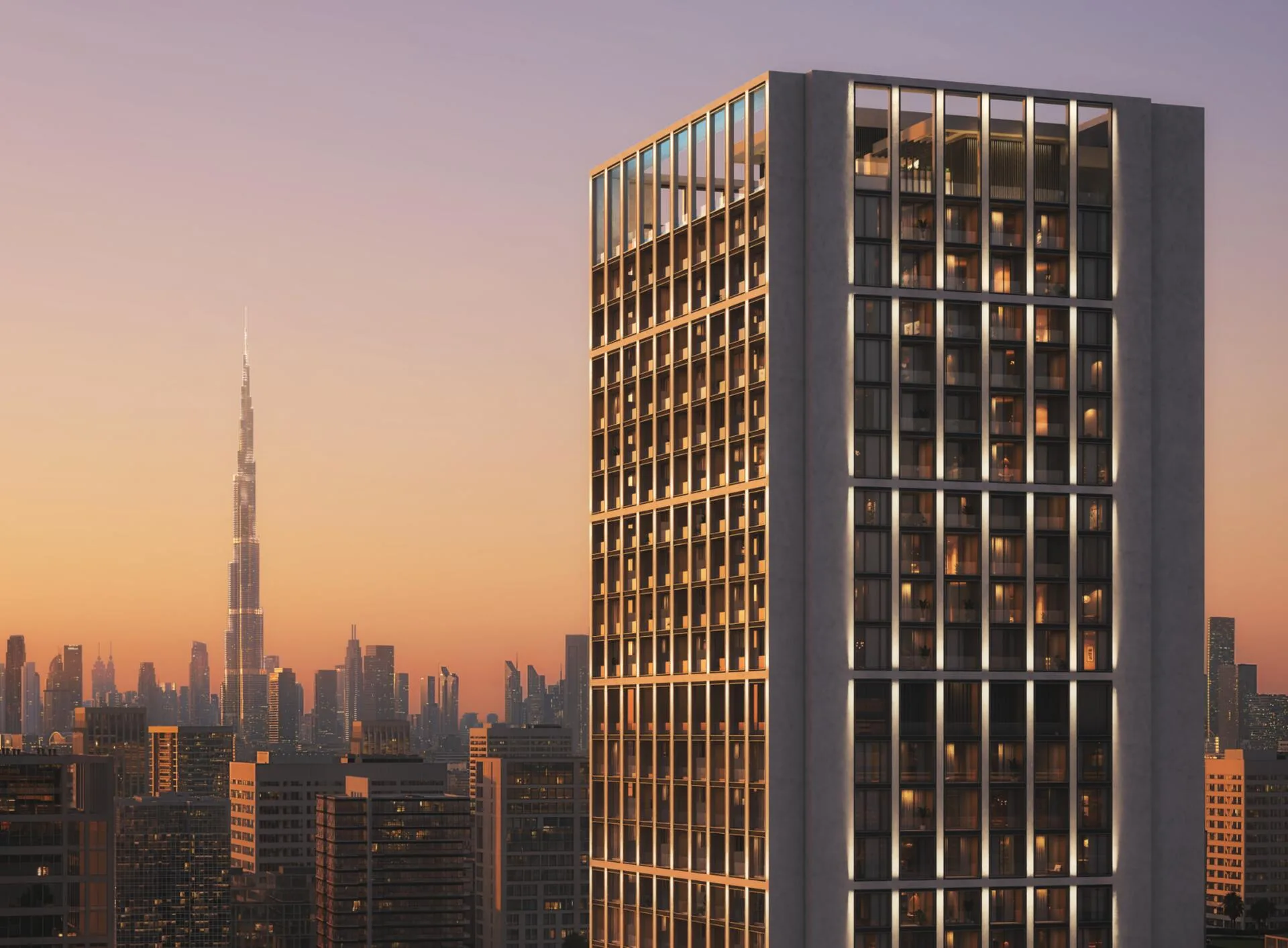 Binghatti Moonlight на закате, вдали Burj Khalifa