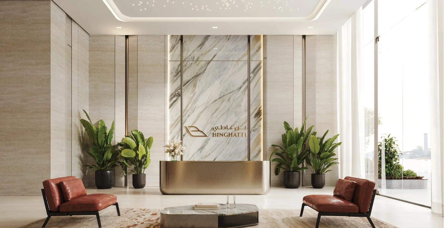 Холл Binghatti Moonlight с креслами и мраморной стеной