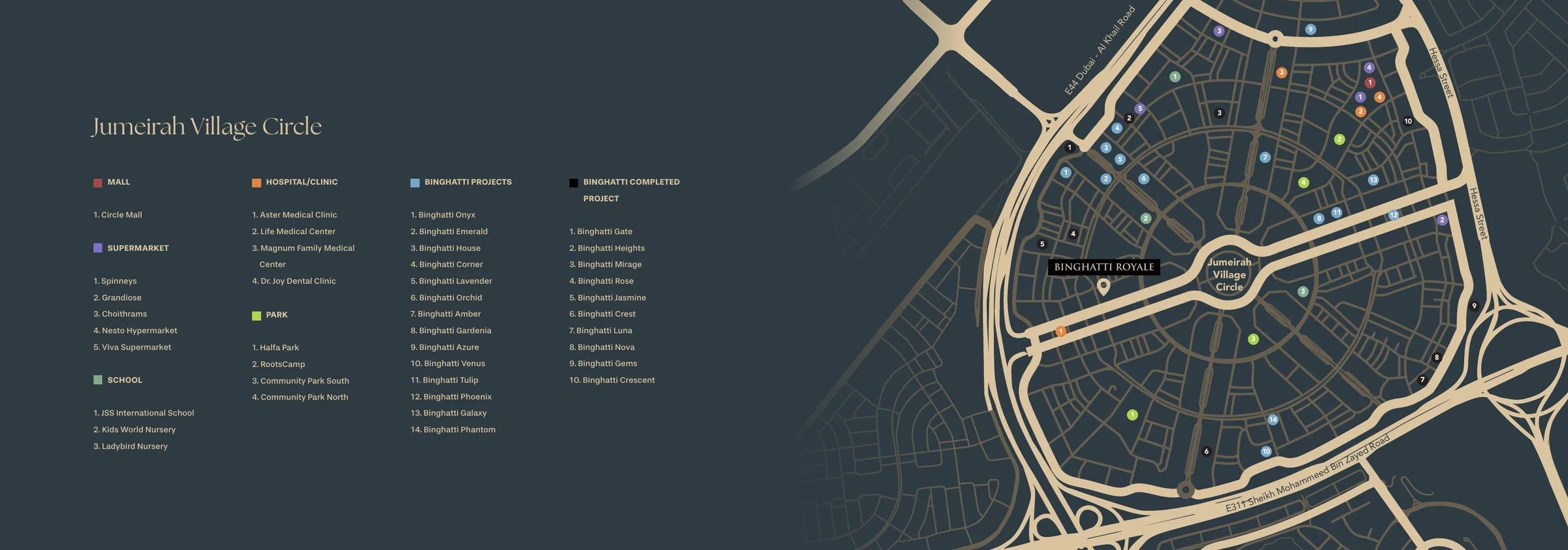 Карта Jumeirah Village Circle: Binghatti Royale, торговый центр, супермаркеты, школы, клиники и парки
