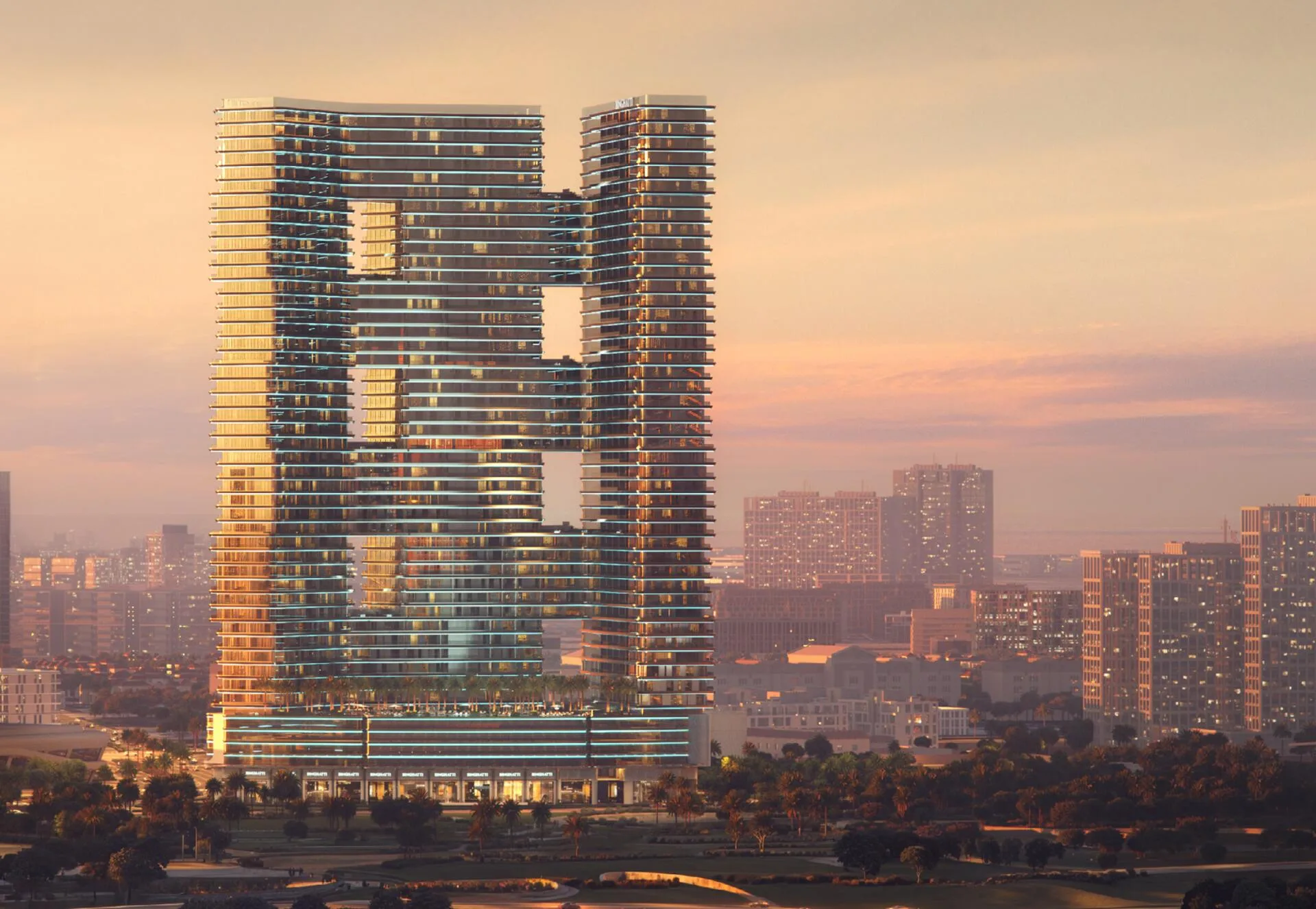 Башня Binghatti Sky Terraces над Motor City на закате