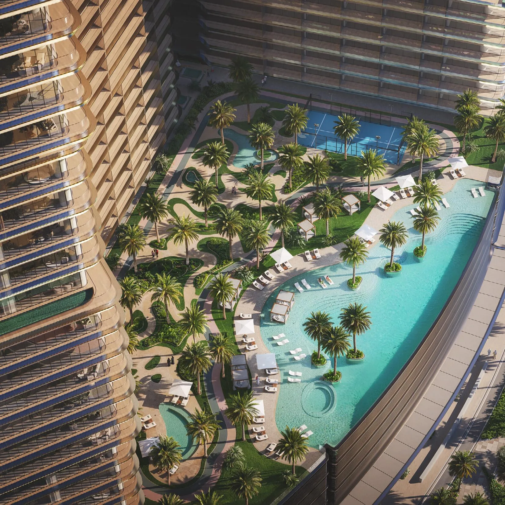 Бассейны и сад на подиуме Binghatti Sky Terraces сверху