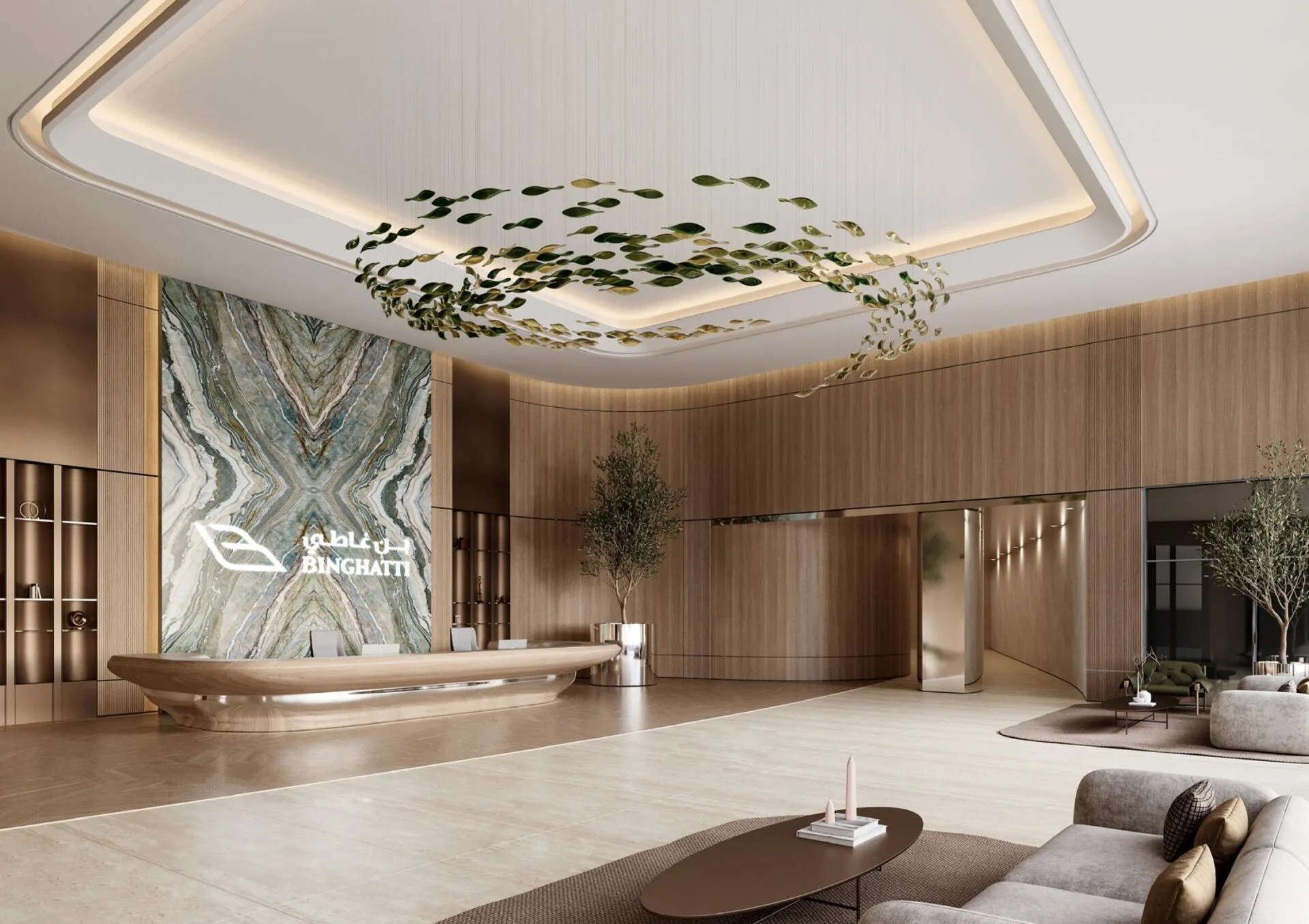 Лобби Binghatti Sky Terraces: мрамор, дерево и диваны