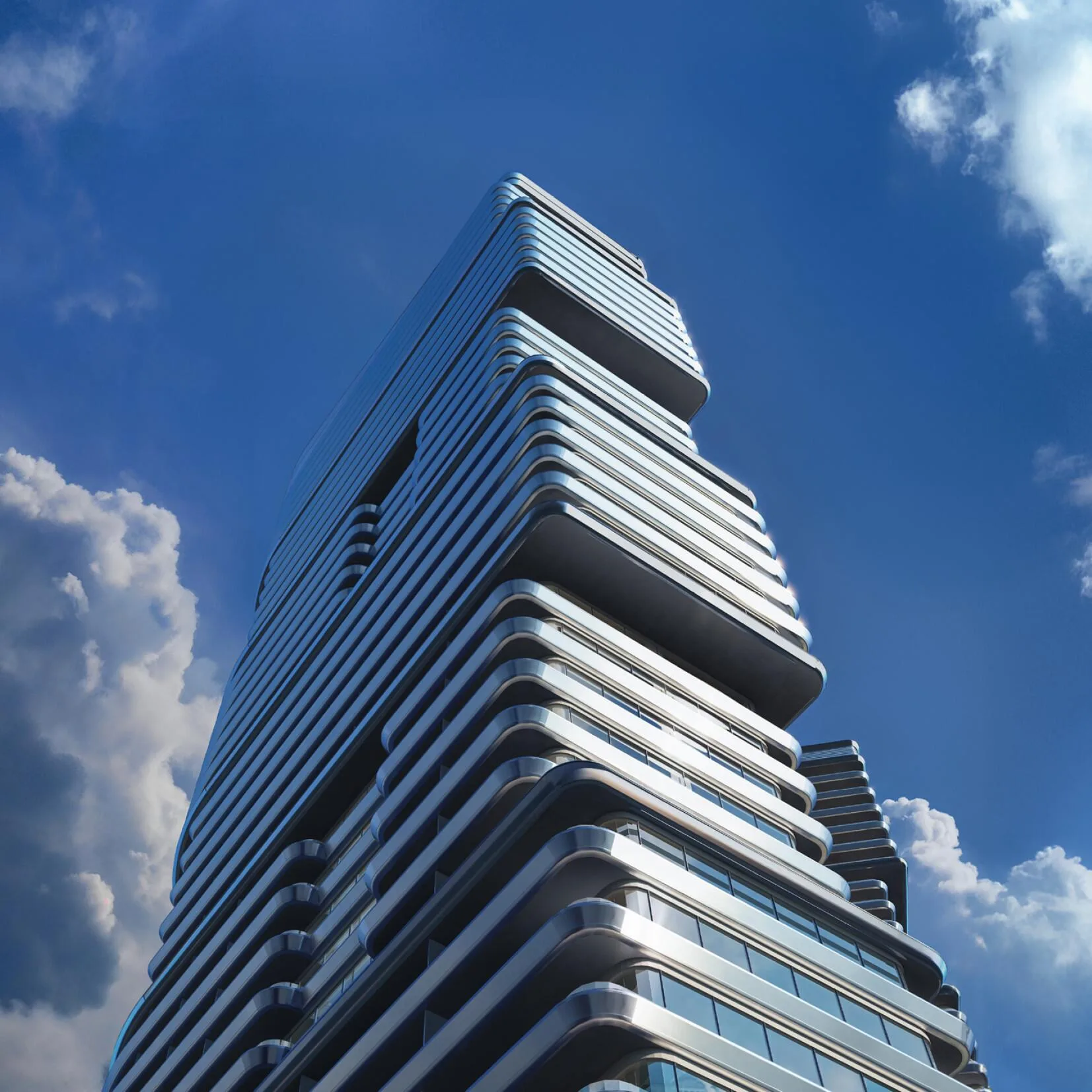 Ступенчатые террасы Binghatti Sky Terraces снизу на фоне неба
