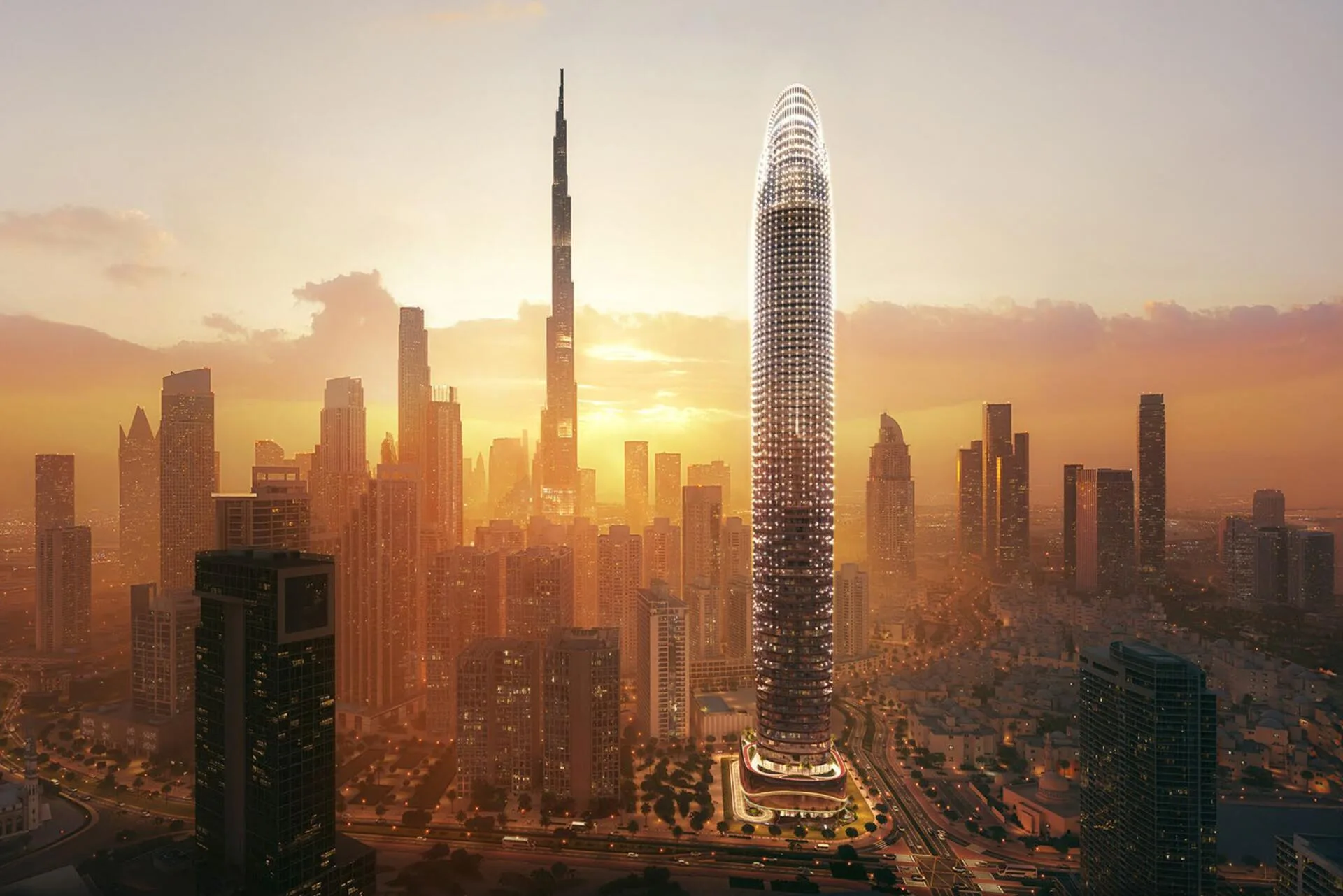 Binghatti Skyblade и Burj Khalifa над Downtown Dubai на закате