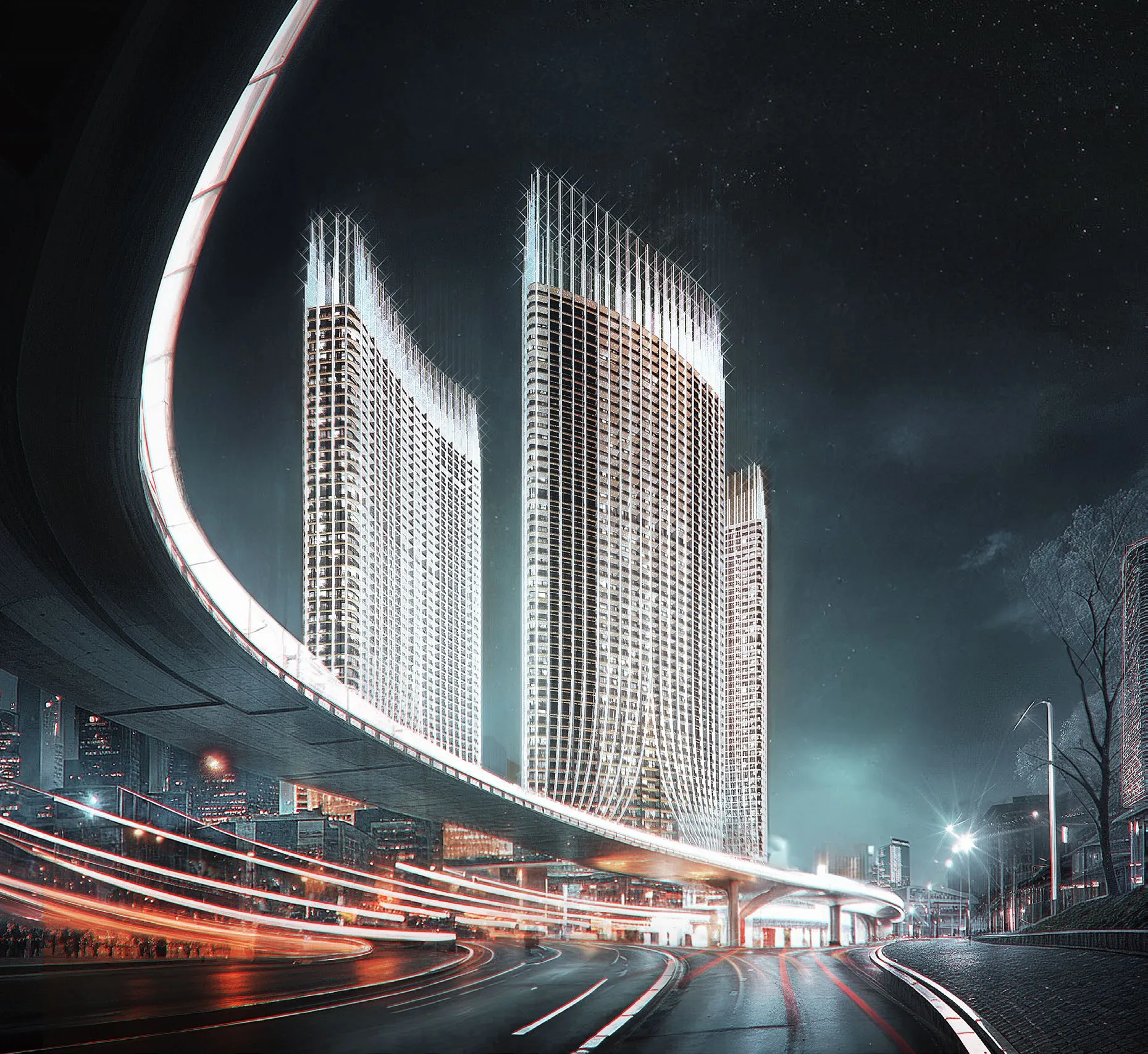 Башни Binghatti Skyrise за изгибом эстакады ночью