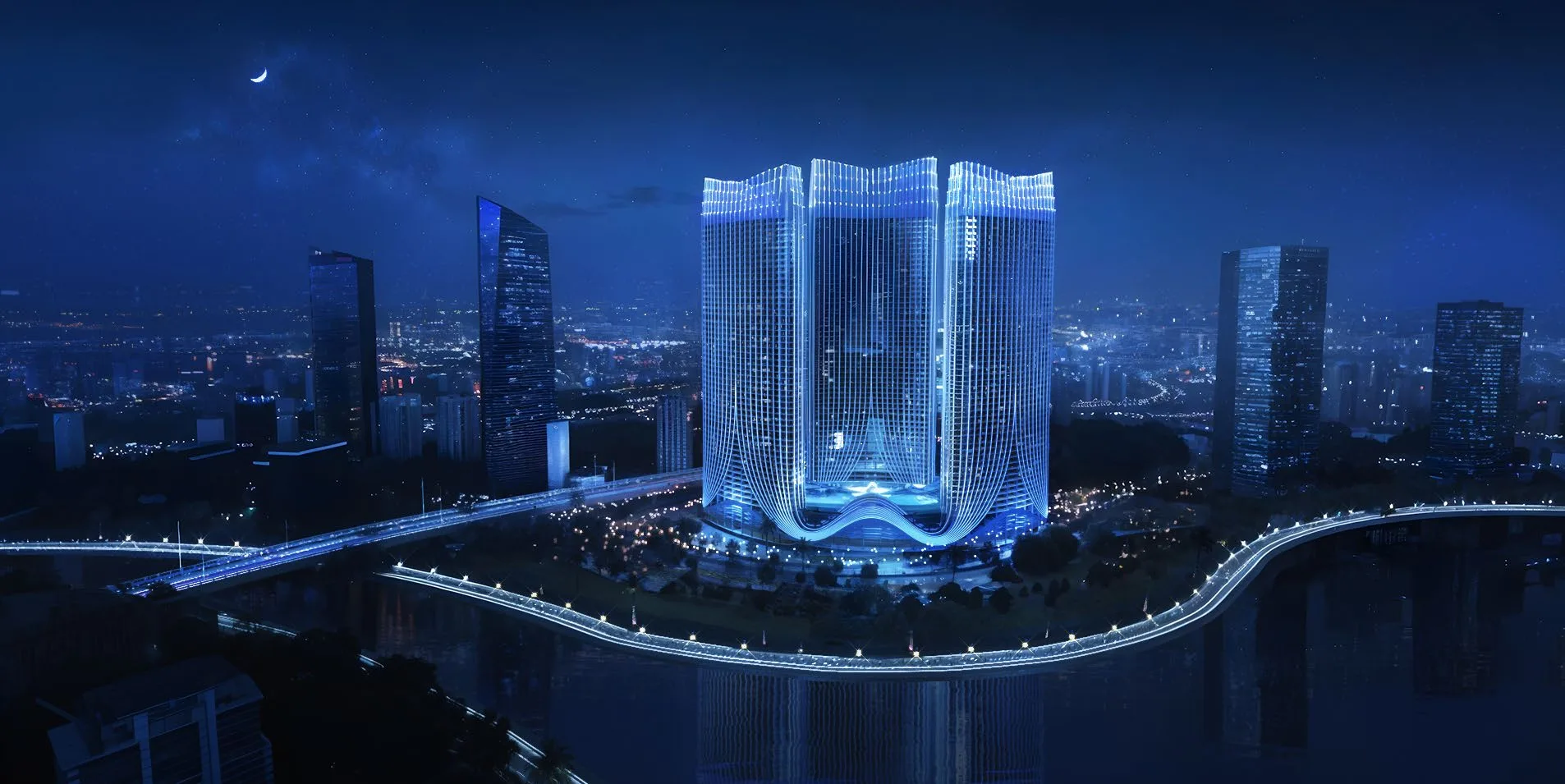 Binghatti Skyrise ночью в голубой подсветке