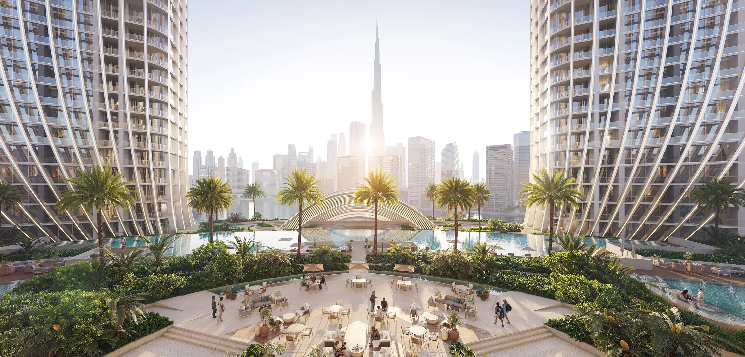 Бассейн и терраса между башнями Binghatti Skyrise с видом на Бурдж-Халифу