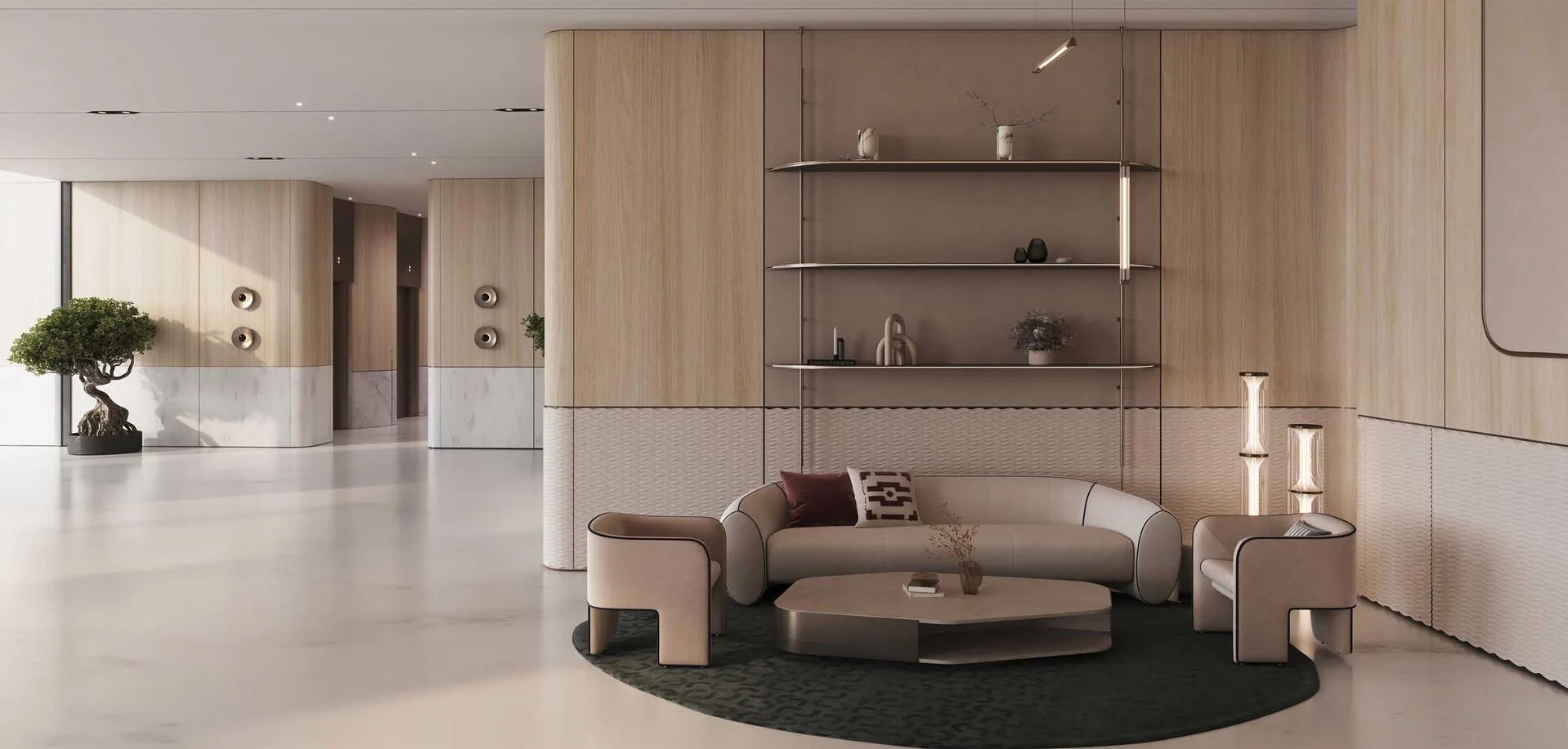 Гостиная зона в лобби Binghatti Skyrise