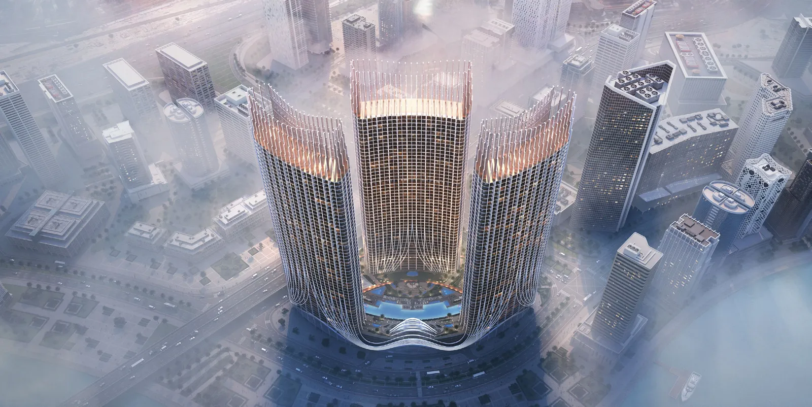 Три башни Binghatti Skyrise сверху. Визуализация Binghatti