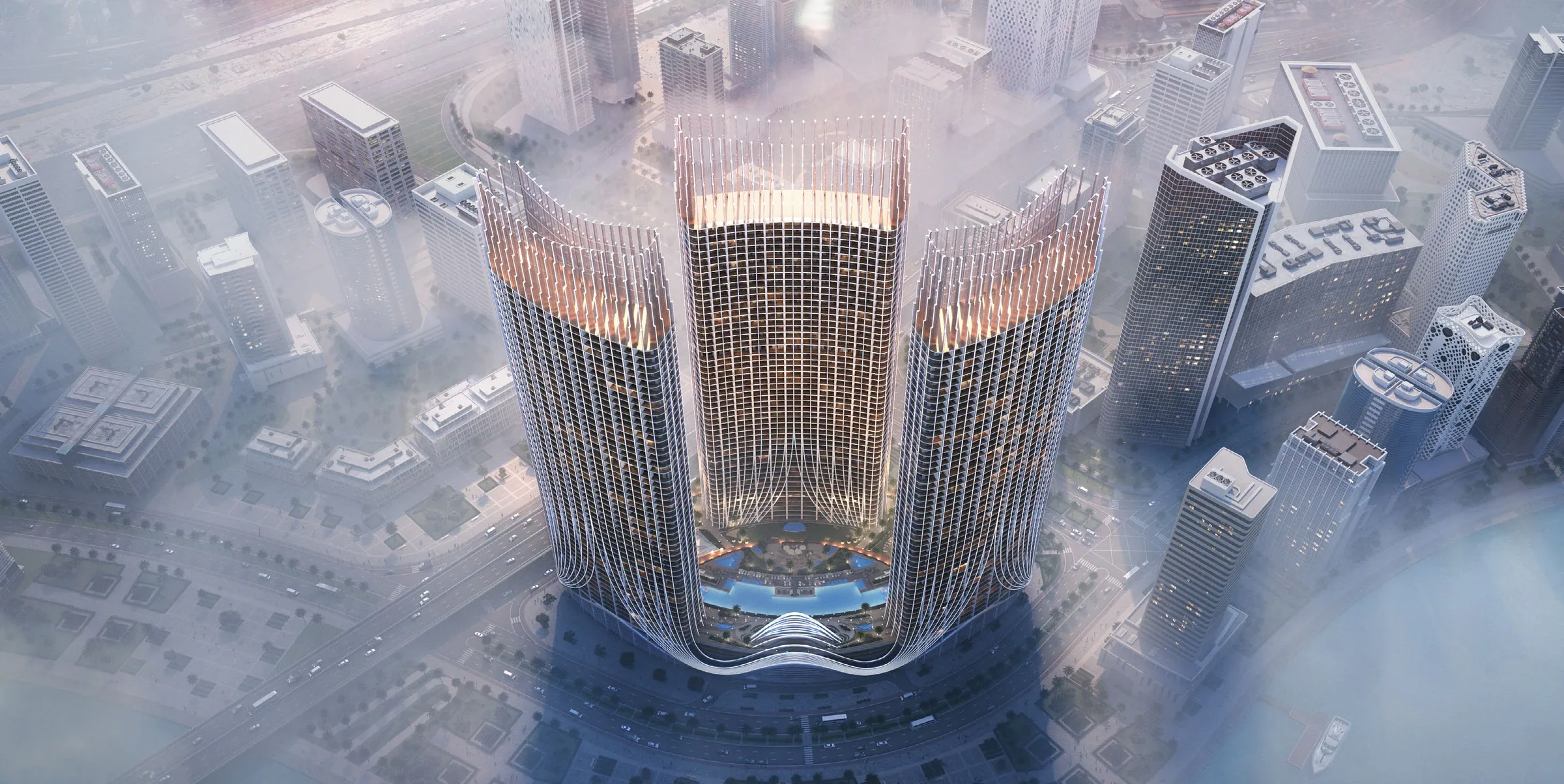 Три башни Binghatti Skyrise сверху, вокруг Business Bay в утреннем тумане