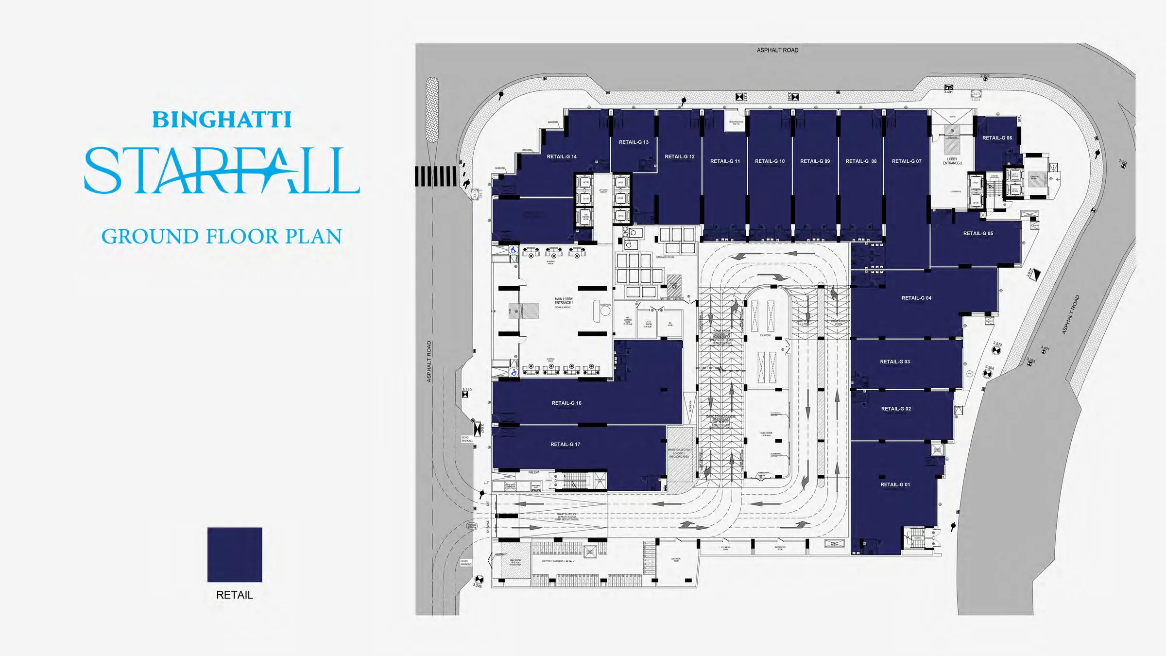План первого этажа Binghatti Starfall с 17 торговыми помещениями