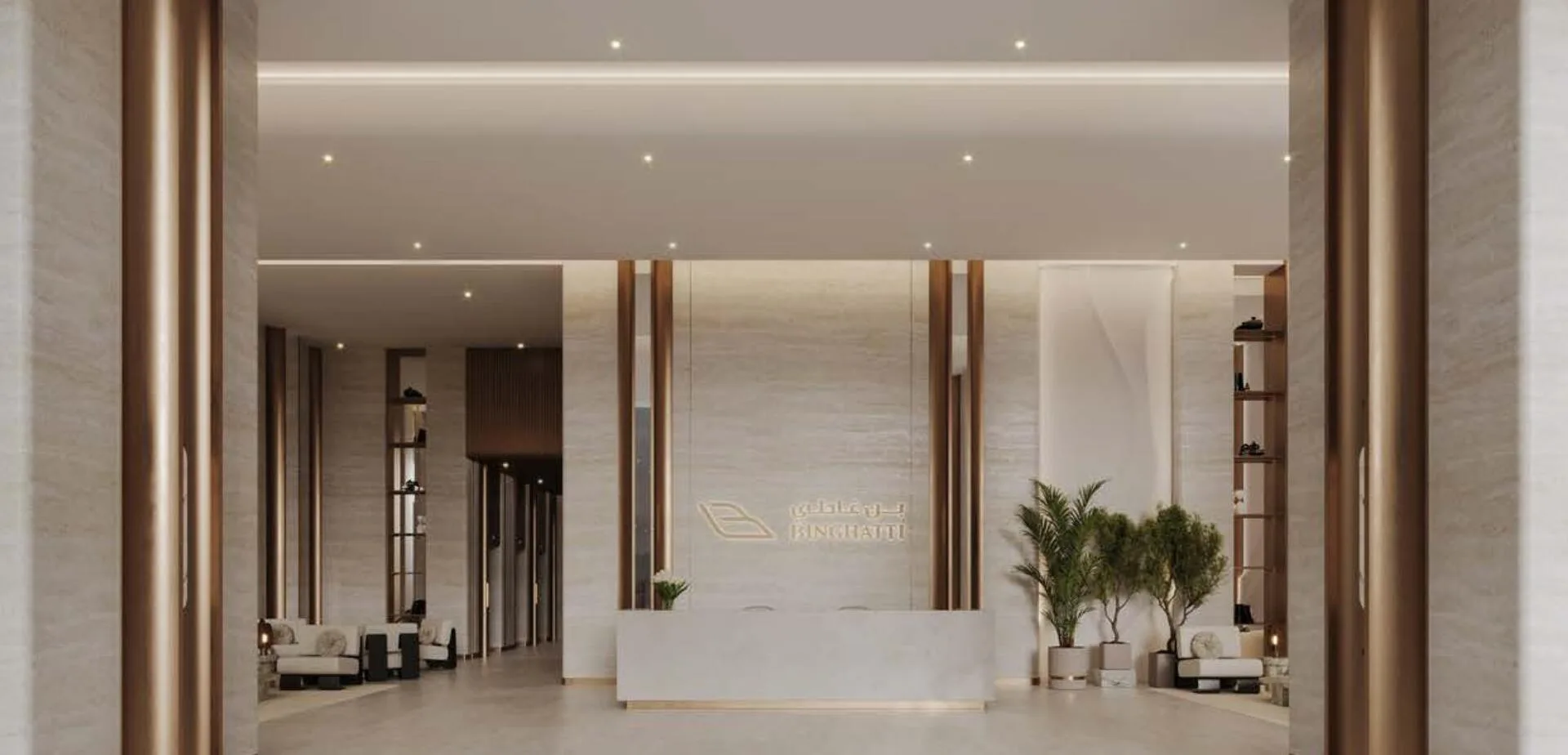 Стойка ресепшн в лобби Binghatti Starlight со знаком Binghatti