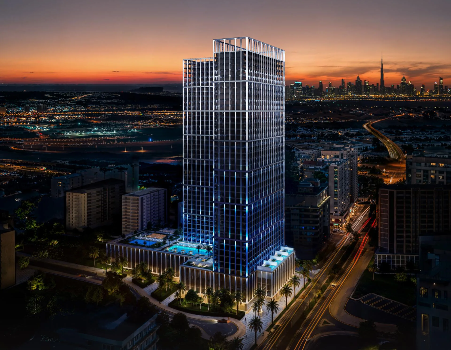 Binghatti Vintage вечером, вдали огни Downtown Dubai