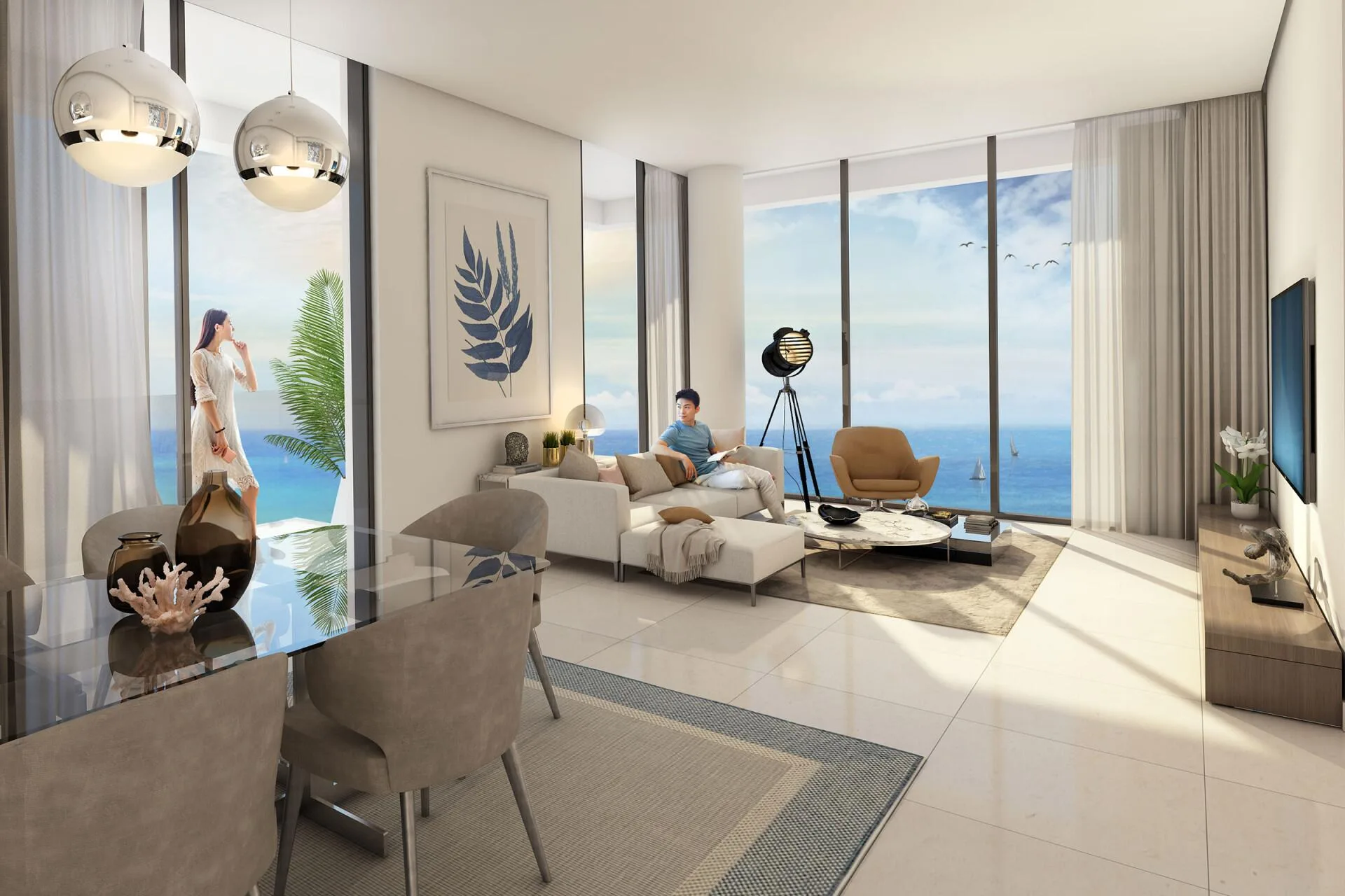 Гостиная и столовая Blue Bay Walk с панорамными окнами на море