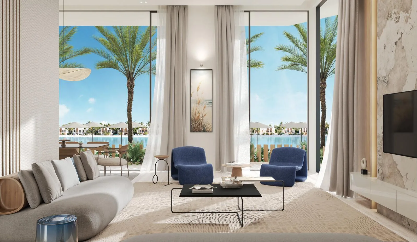Гостиная с синими креслами в квартире Blue Beach Residence